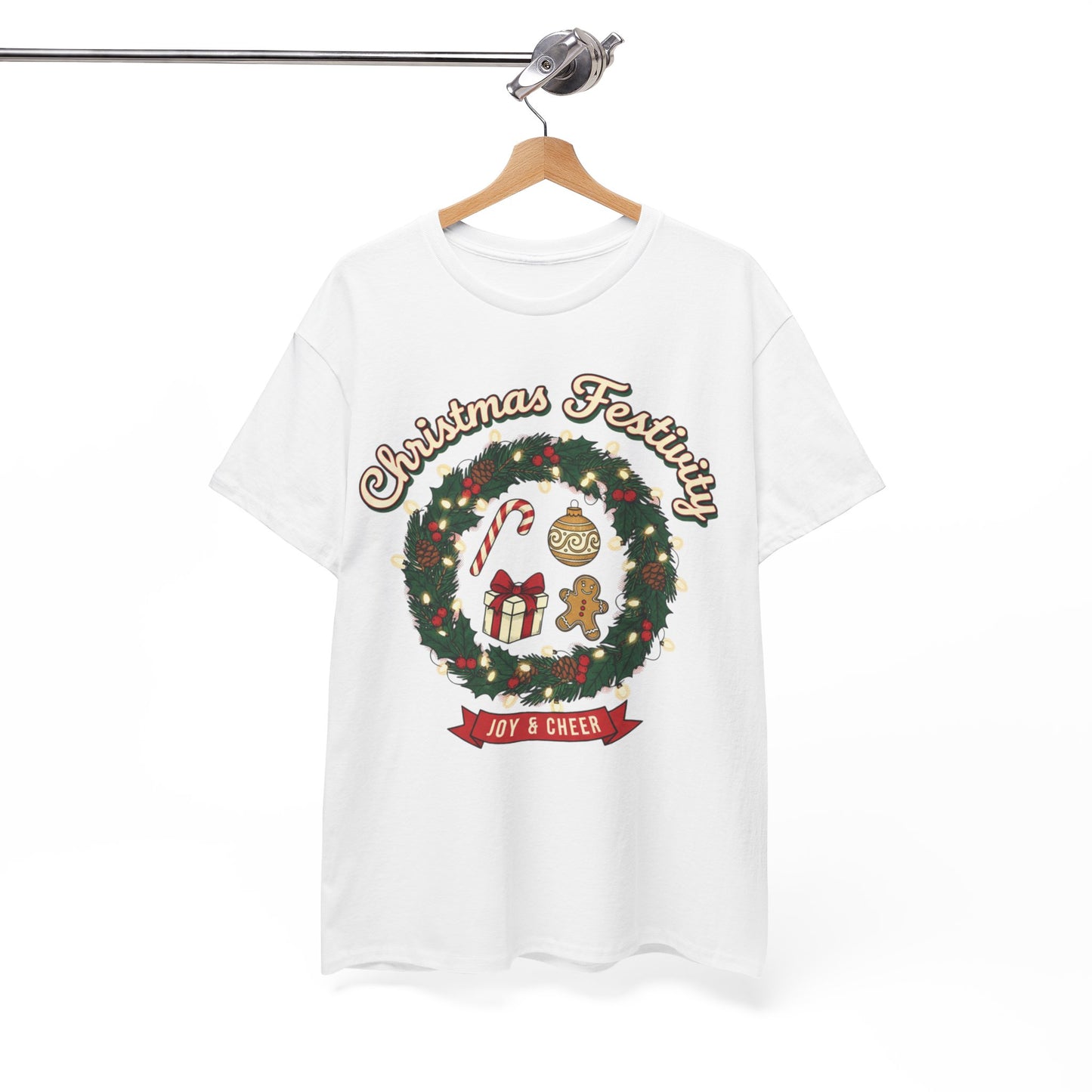 Christmas Festivity Wreath T-Shirt – Joy & Cheer Holiday Tee