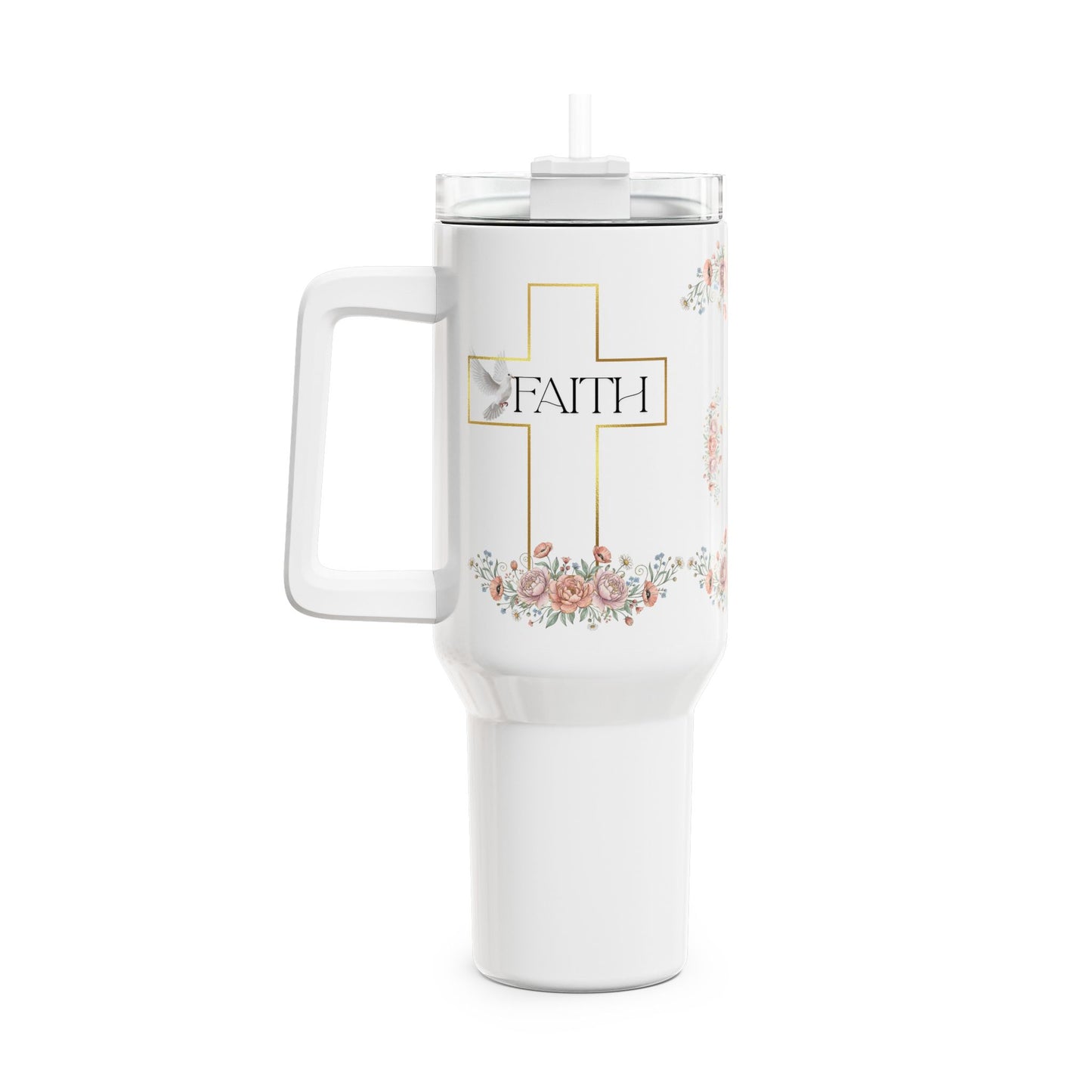 Faith Cross Floral Tumbler Large Insulated Christian Travel Mug