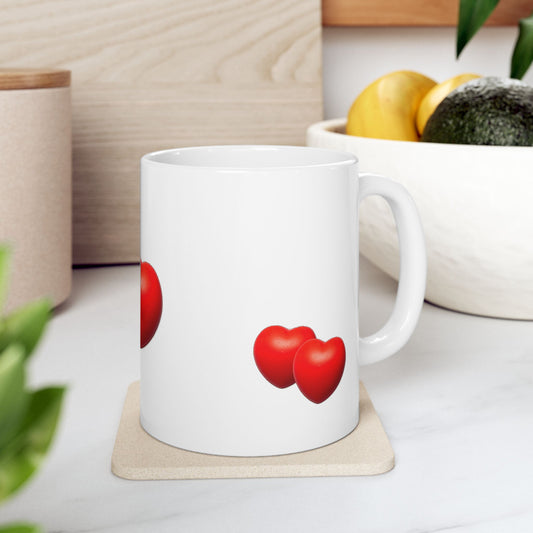Double Red Hearts Ceramic Mug, Romantic Valentine Coffee Cup