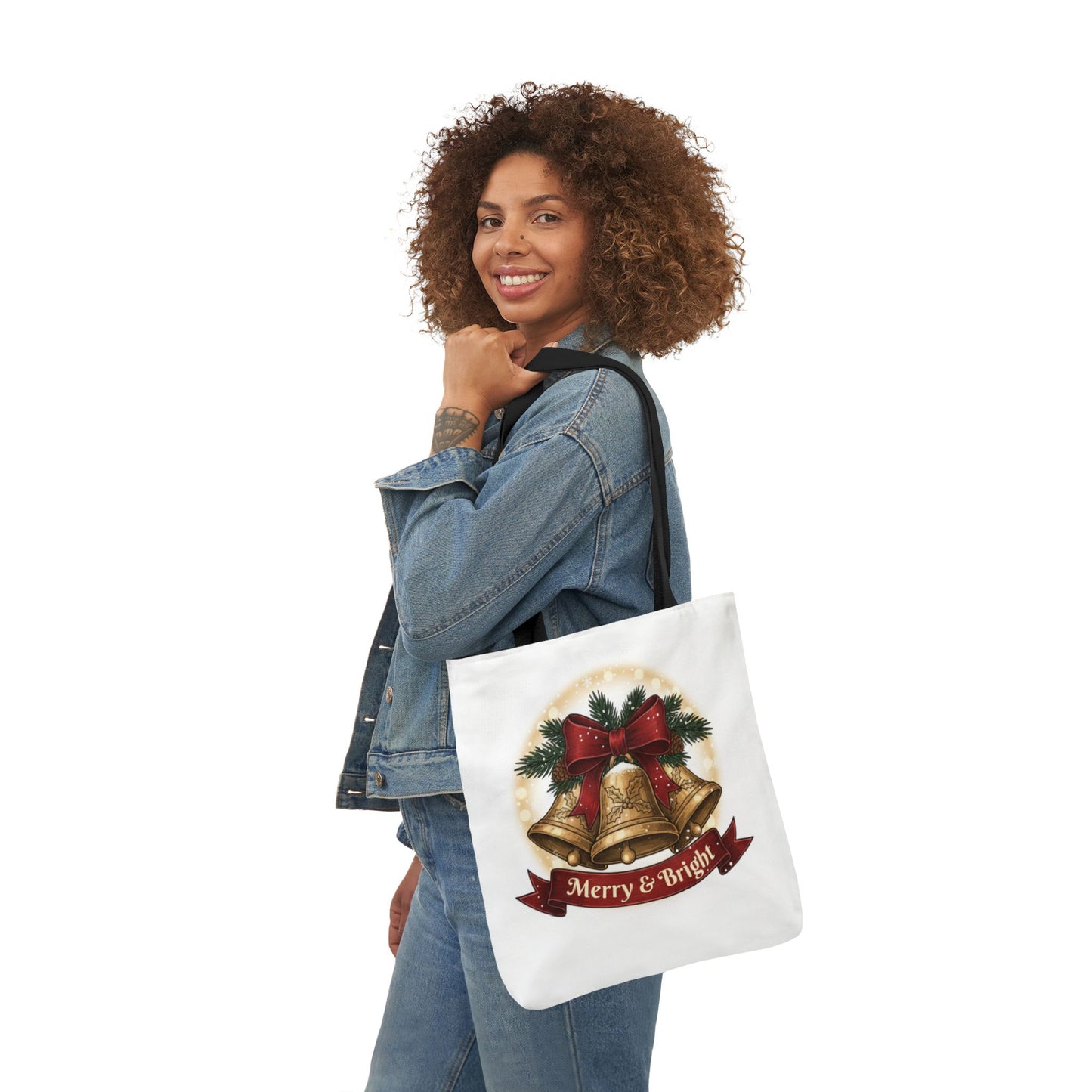 Christmas Bells Canvas Tote "Merry & Bright" Holiday Shopping Bag