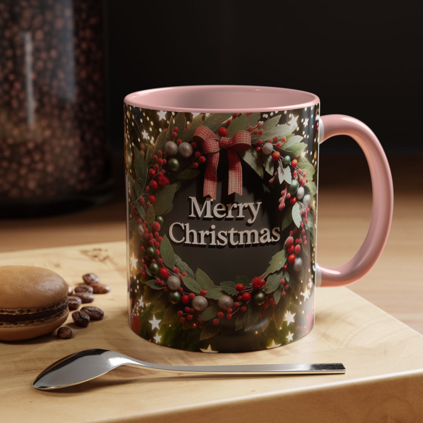 Christmas Coffee Mug with Wreath Design.
