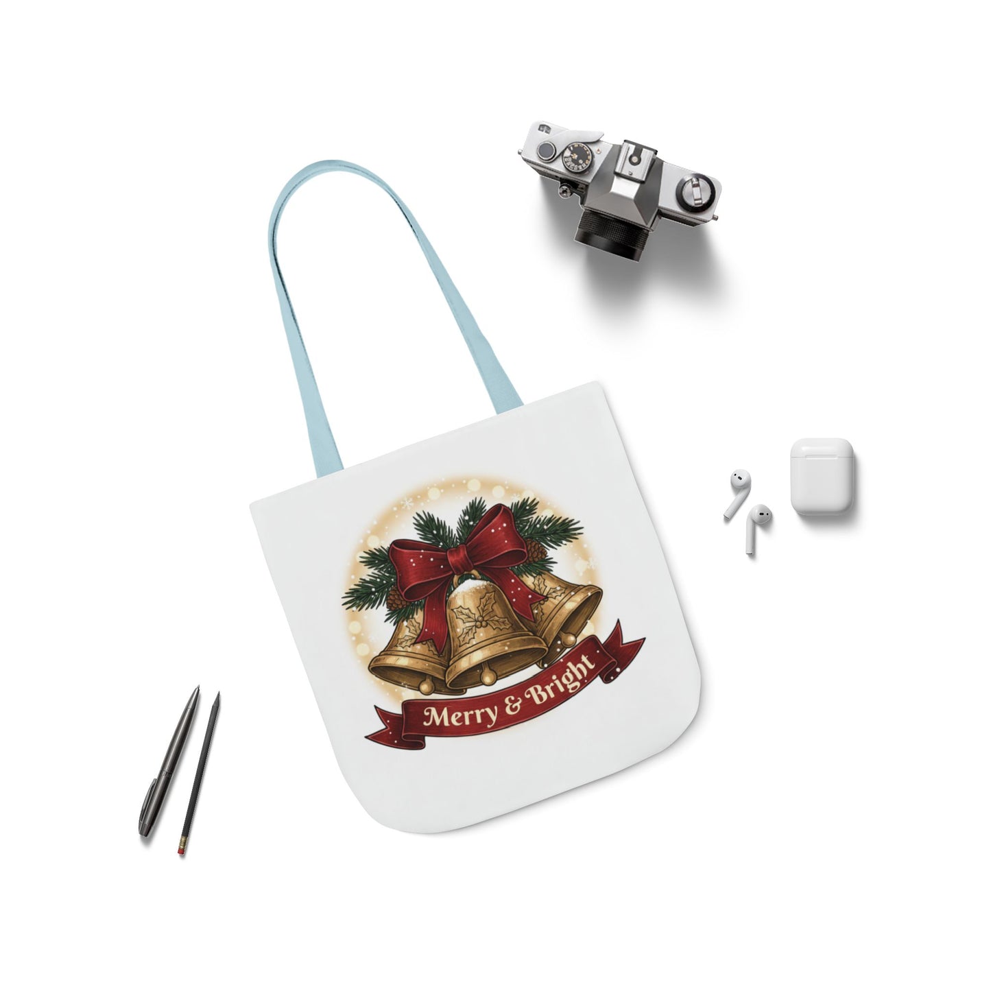 Christmas Bells Canvas Tote "Merry & Bright" Holiday Shopping Bag