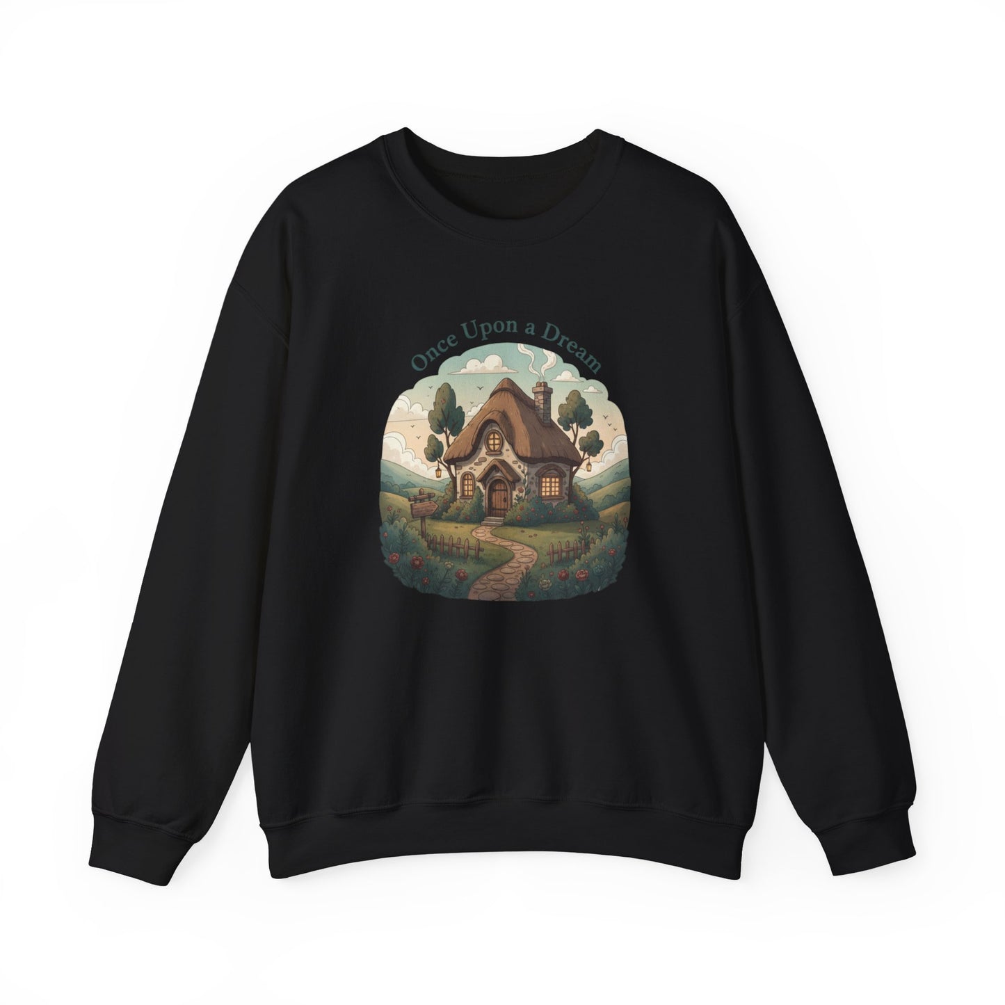 Storybook Winter Cottage Crewneck Sweatshirt | cozy winter village, fantasy forest illustration