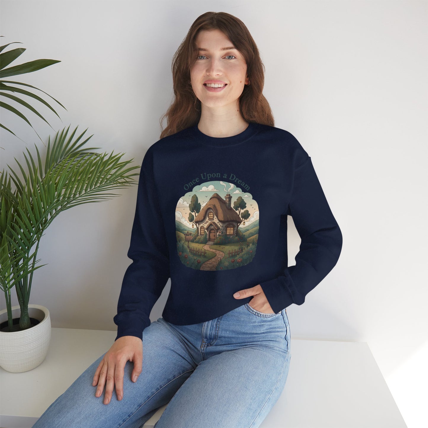Storybook Winter Cottage Crewneck Sweatshirt | cozy winter village, fantasy forest illustration
