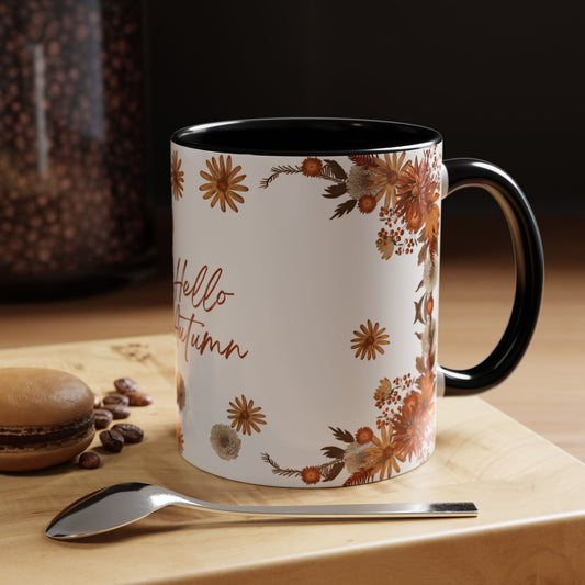 Fall Floral Accent Coffee Mug, Autumn Drinkware, Seasonal Gift, Hello Autumn.