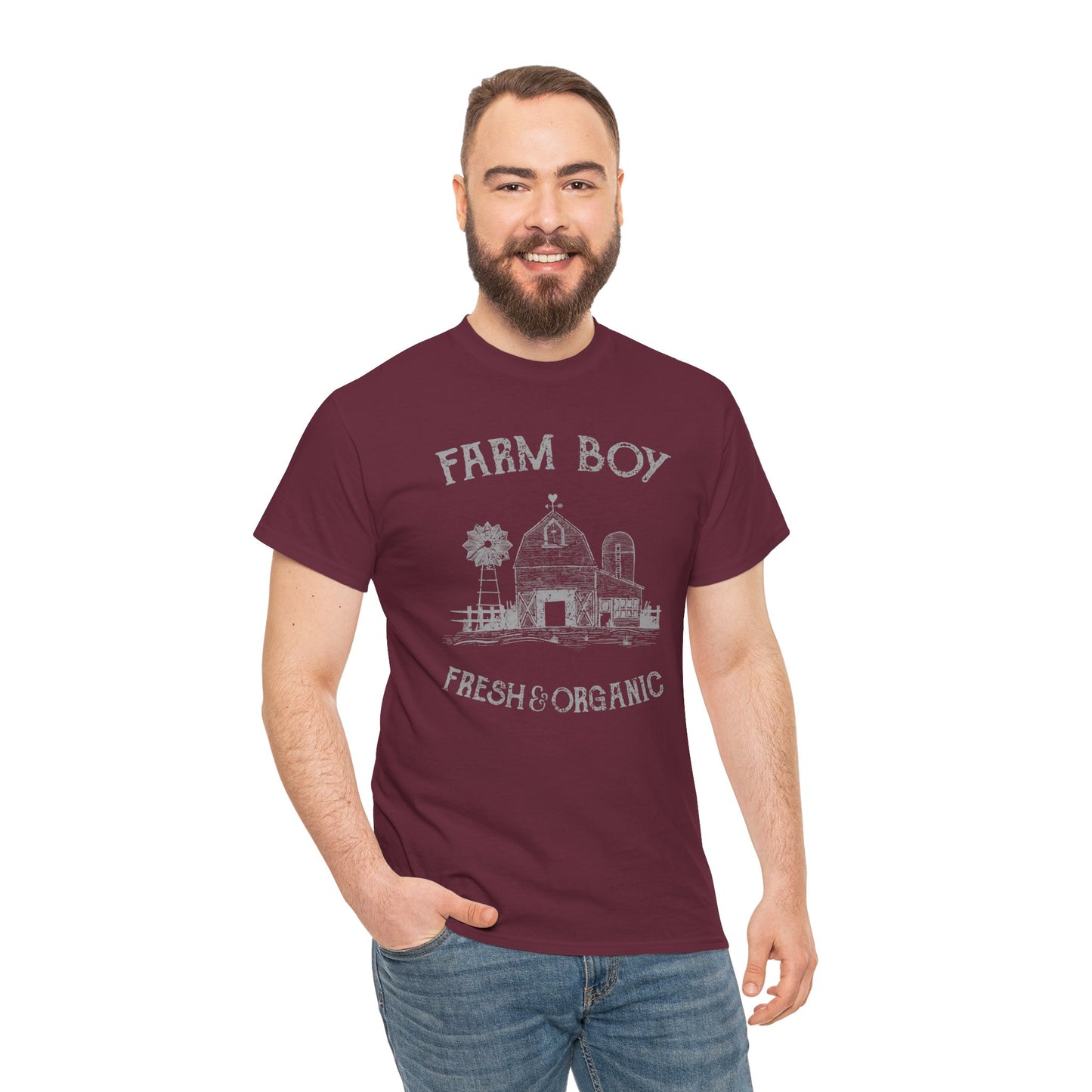 Farm Boy Organic Heavy Cotton Tee - Bright Yellow and burgundy  Unisex Shirt
