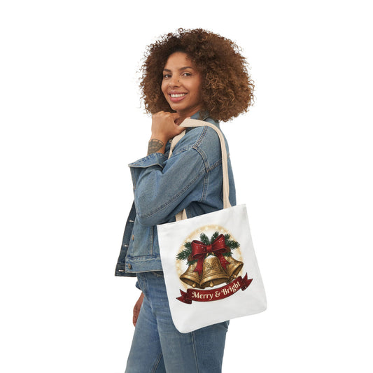 Christmas Bells Canvas Tote "Merry & Bright" Holiday Shopping Bag