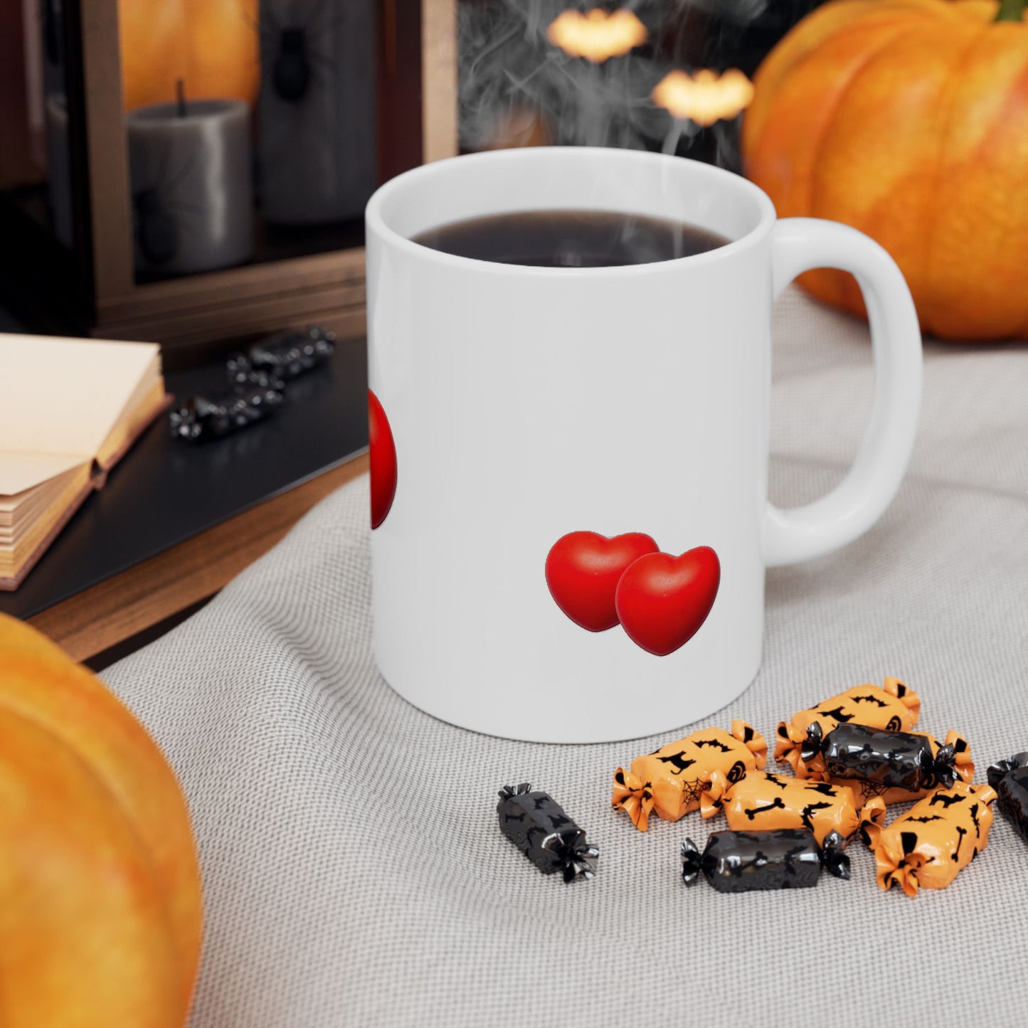 Double Red Hearts Ceramic Mug, Romantic Valentine Coffee Cup