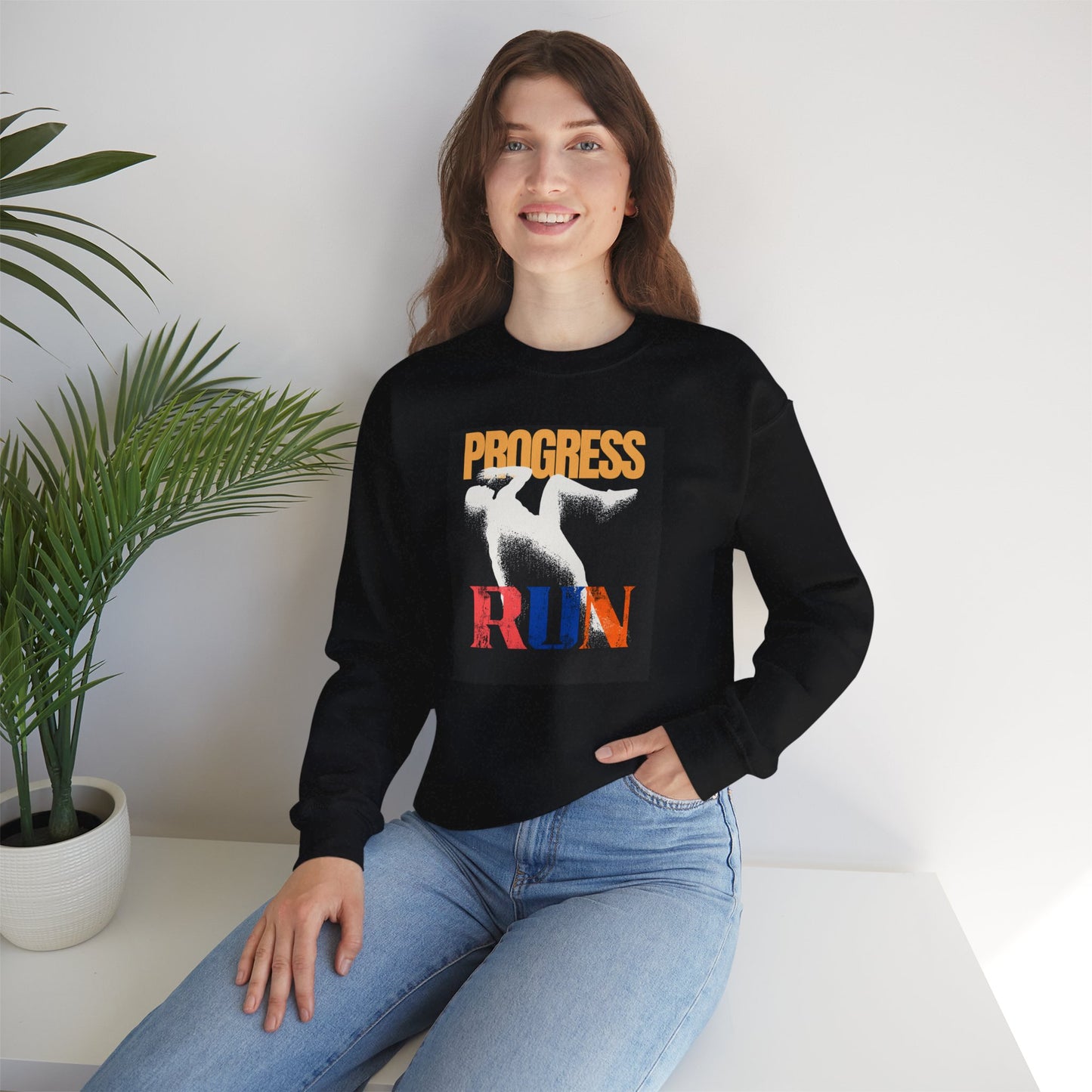 Stylish Progress RUN Crewneck Sweatshirt - Perfect Gift for Athletes, Casual Wear, Unisex Fashion, Running Enthusiasts, Sports Apparel