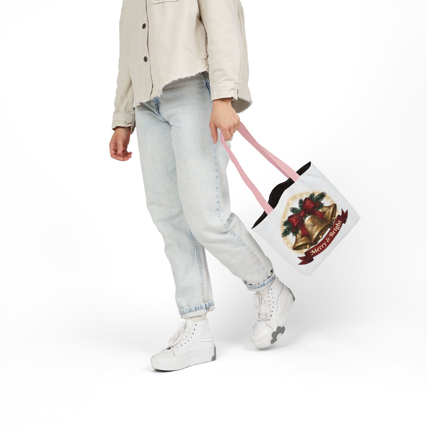 Christmas Bells Canvas Tote "Merry & Bright" Holiday Shopping Bag