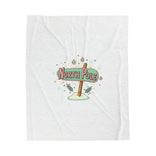 North Pole Sign Velveteen Plush Blanket | mid century Christmas, retro holiday sign
