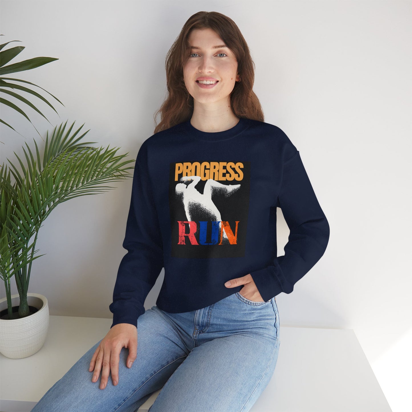 Stylish Progress RUN Crewneck Sweatshirt - Perfect Gift for Athletes, Casual Wear, Unisex Fashion, Running Enthusiasts, Sports Apparel
