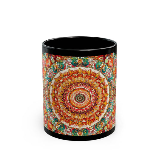 Colorful Mandala Black Mug Artistic Coffee Cup for Home, Office Decor, Gift Idea for Birthdays, Holidays, Relaxation