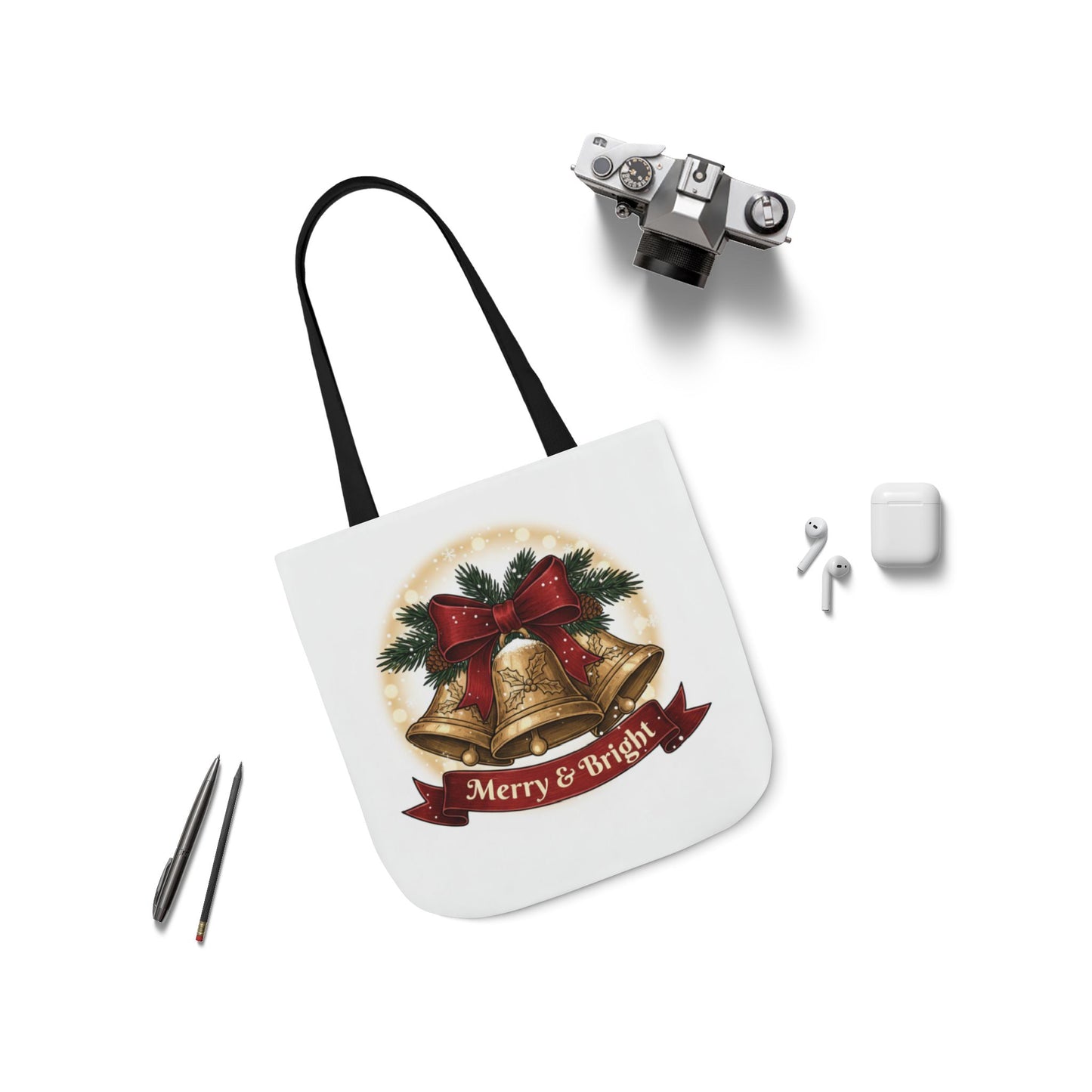 Christmas Bells Canvas Tote "Merry & Bright" Holiday Shopping Bag