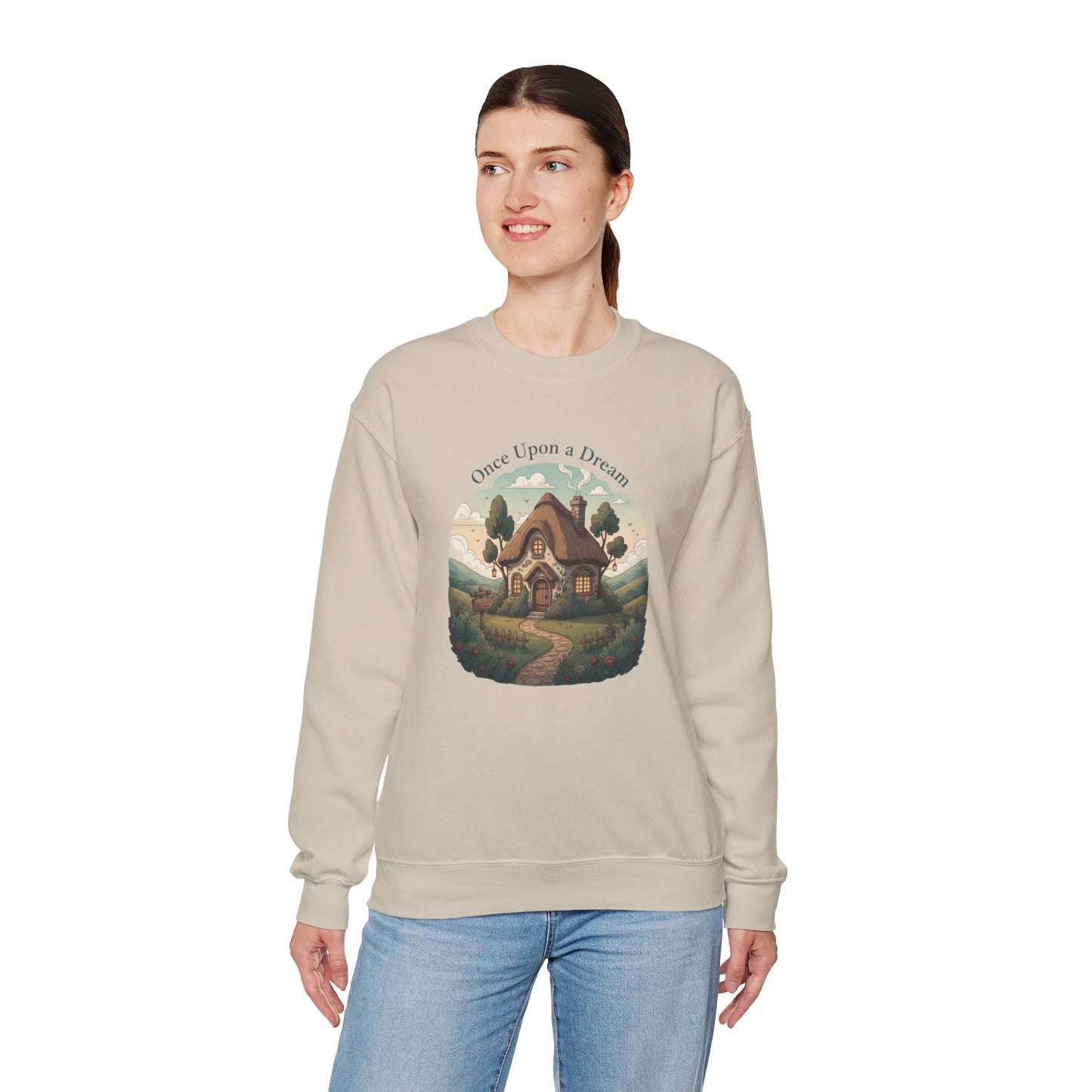 Storybook Winter Cottage Crewneck Sweatshirt | cozy winter village, fantasy forest illustration