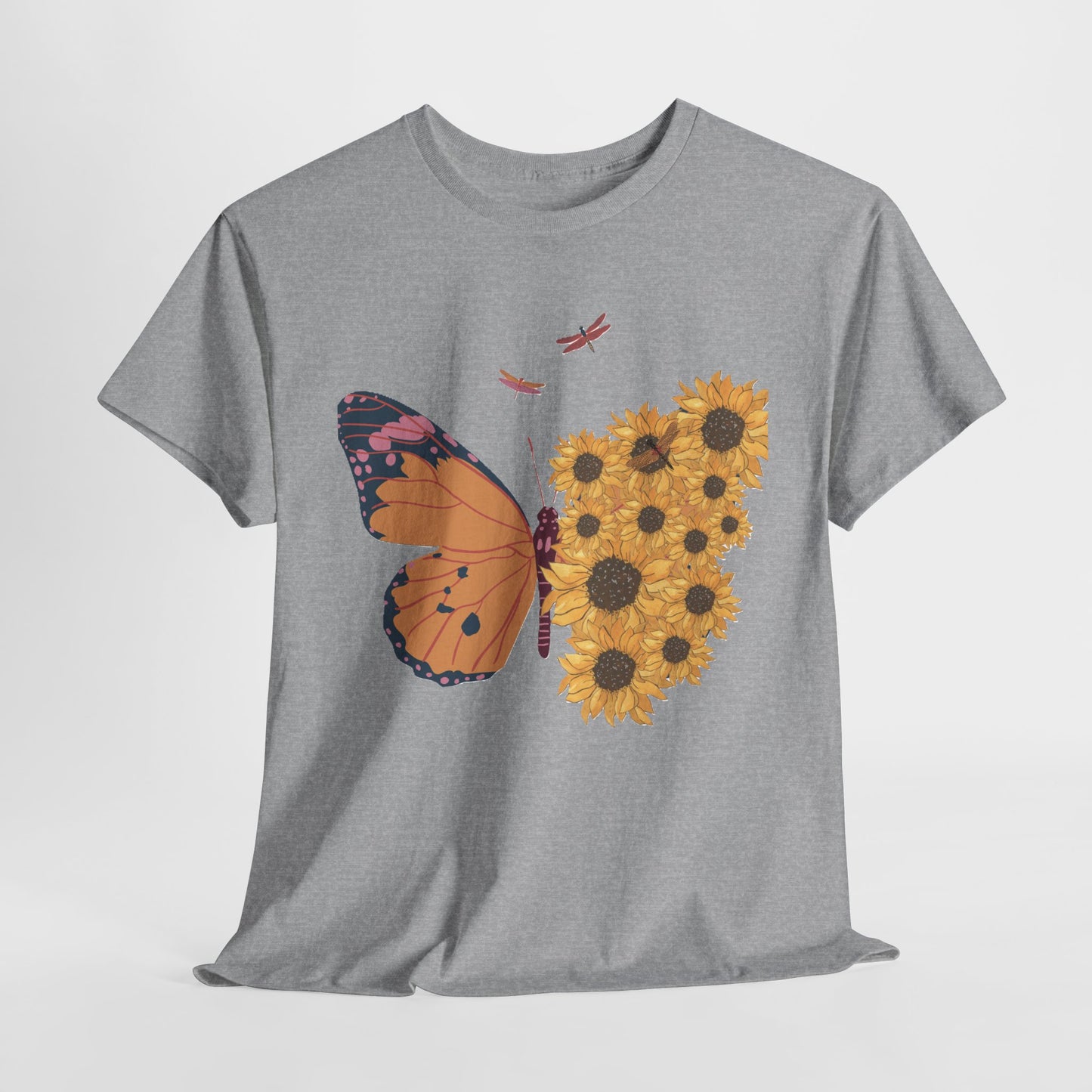 Butterfly and Sunflowers Unisex Heavy Cotton Tee.