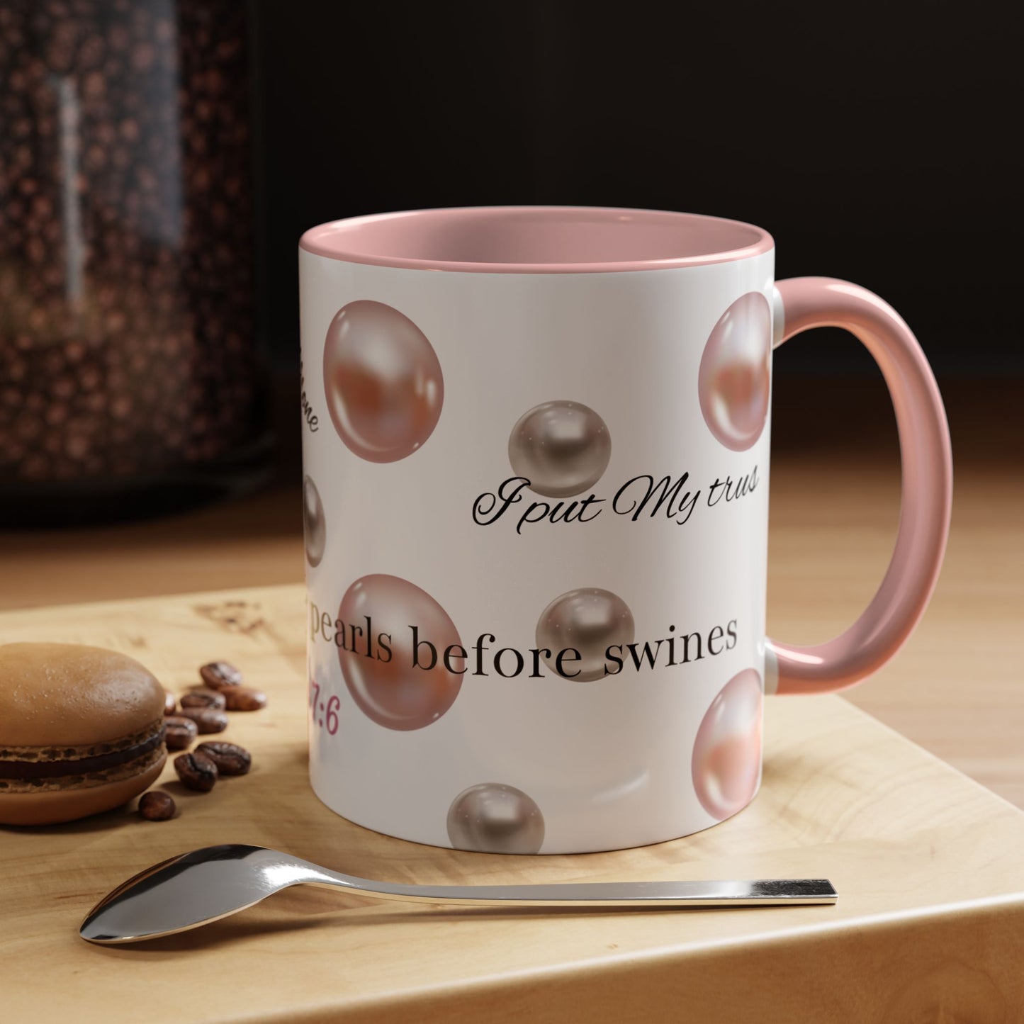 Elegant Inspirational Coffee Mug with Pearls, Unique Gift for Friends, Spiritual Reminder.