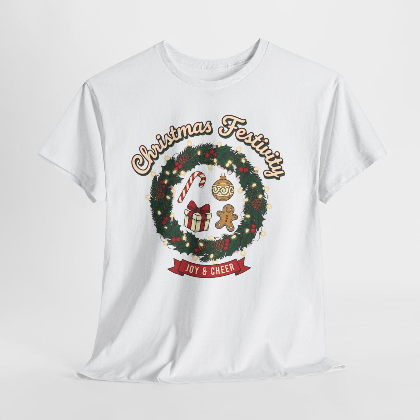 Christmas Festivity Wreath T-Shirt – Joy & Cheer Holiday Tee