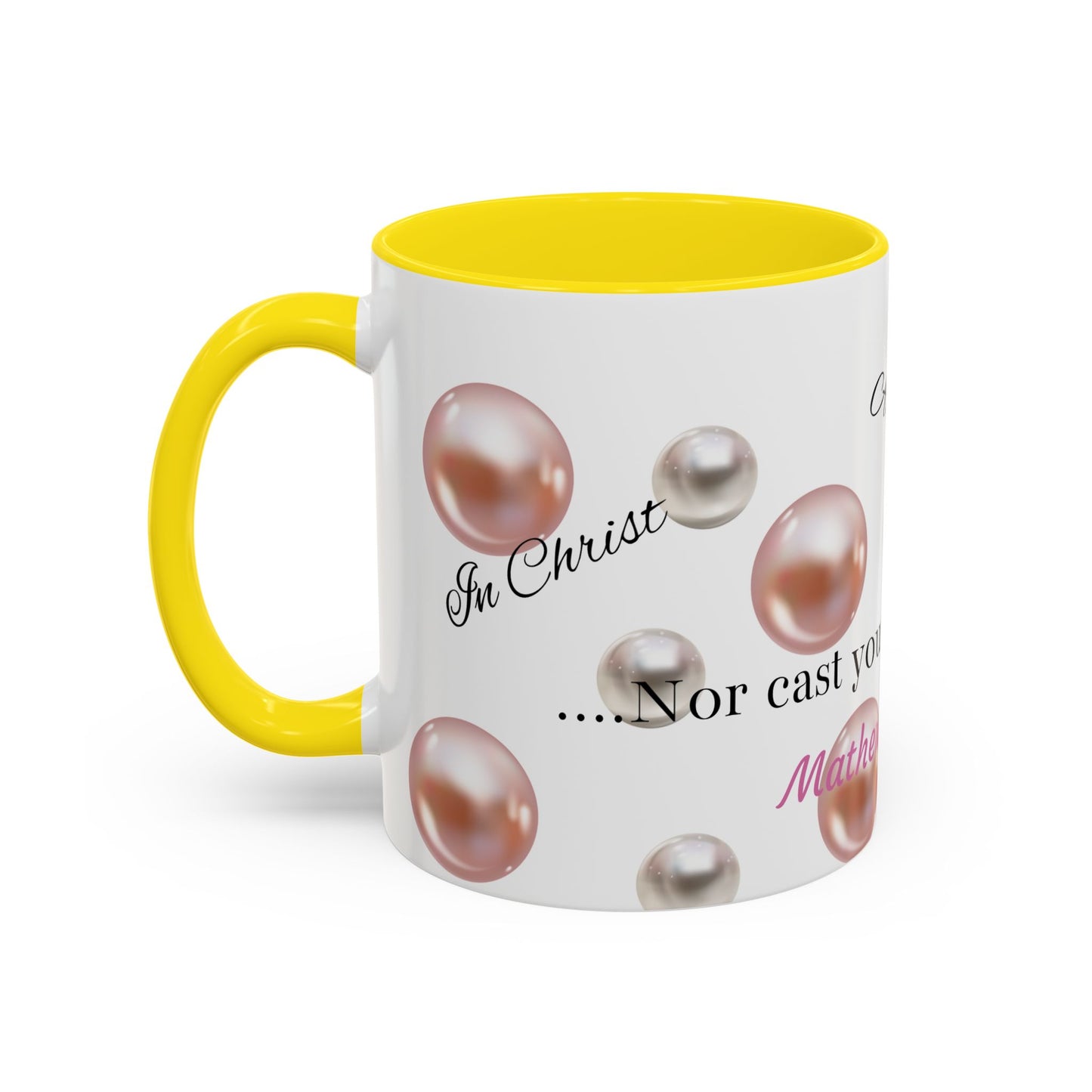 Elegant Inspirational Coffee Mug with Pearls, Unique Gift for Friends, Spiritual Reminder.