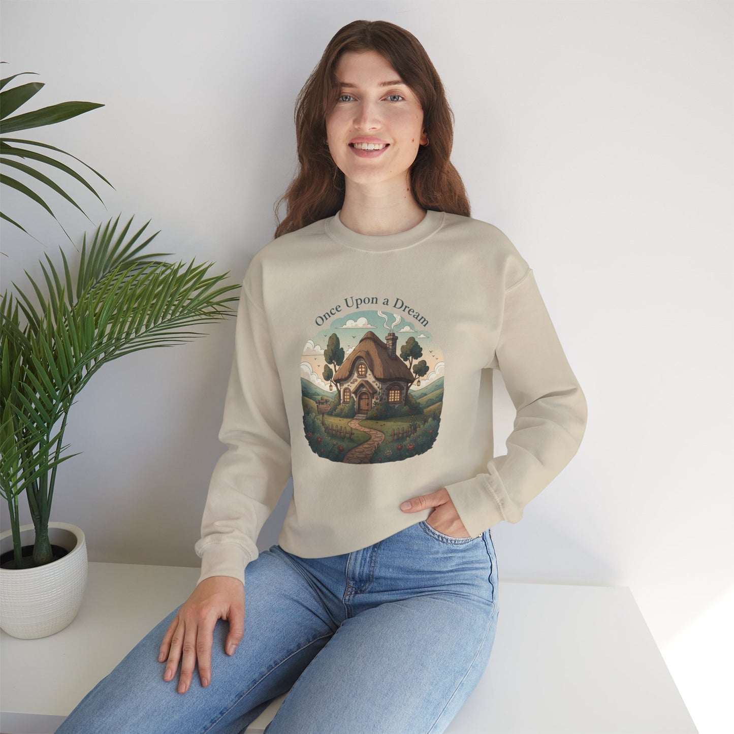 Storybook Winter Cottage Crewneck Sweatshirt | cozy winter village, fantasy forest illustration