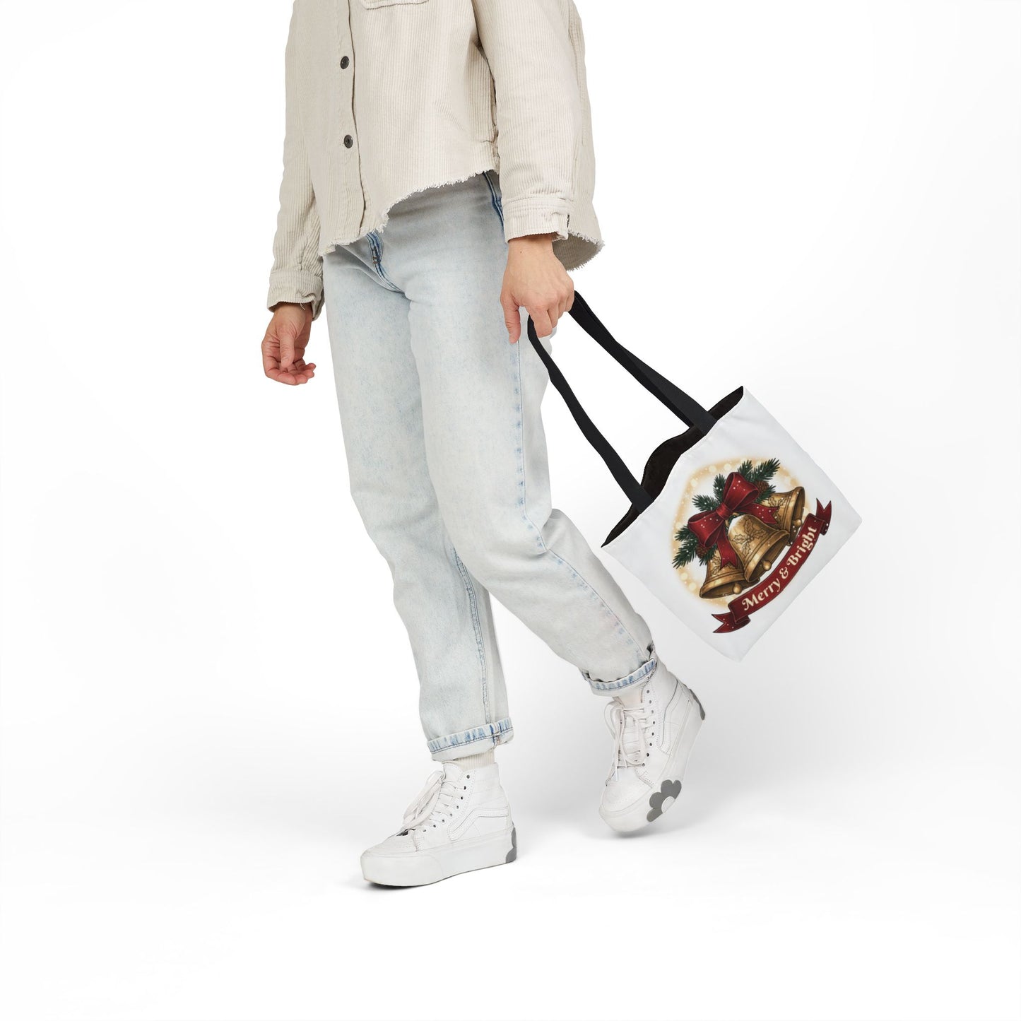 Christmas Bells Canvas Tote "Merry & Bright" Holiday Shopping Bag