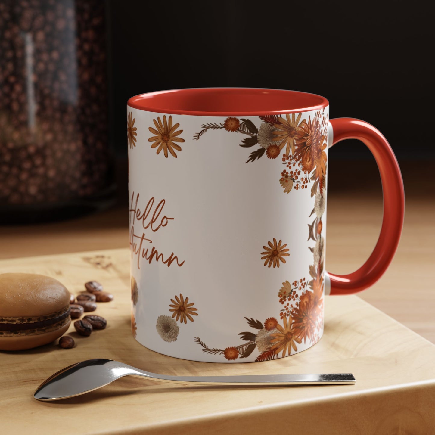 Fall Floral Accent Coffee Mug, Autumn Drinkware, Seasonal Gift, Hello Autumn.