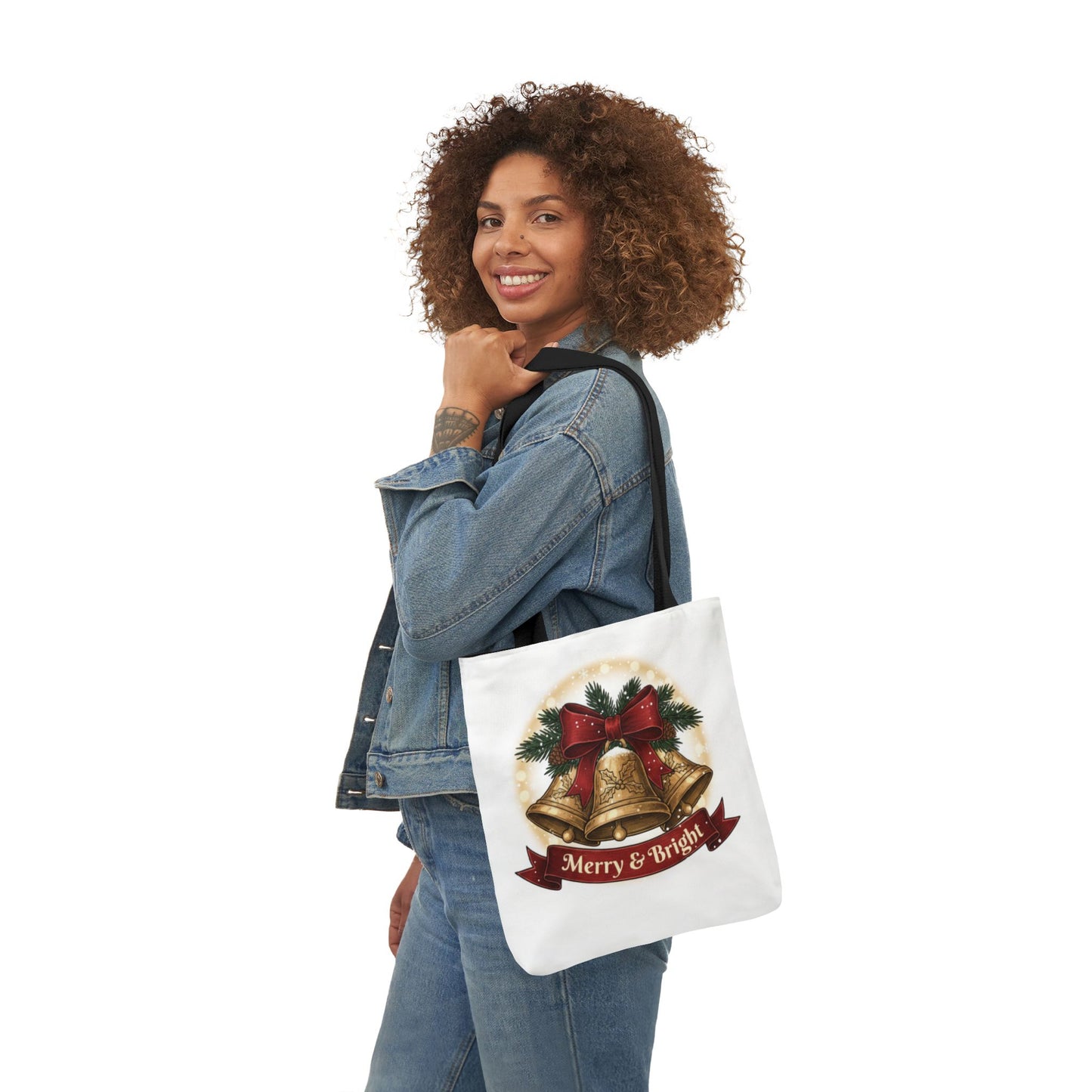 Christmas Bells Canvas Tote "Merry & Bright" Holiday Shopping Bag