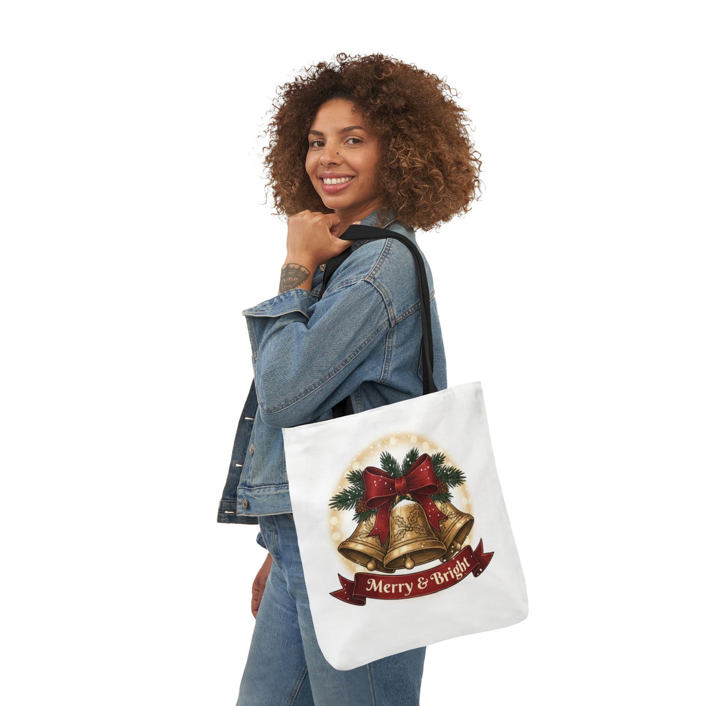 Christmas Bells Canvas Tote "Merry & Bright" Holiday Shopping Bag