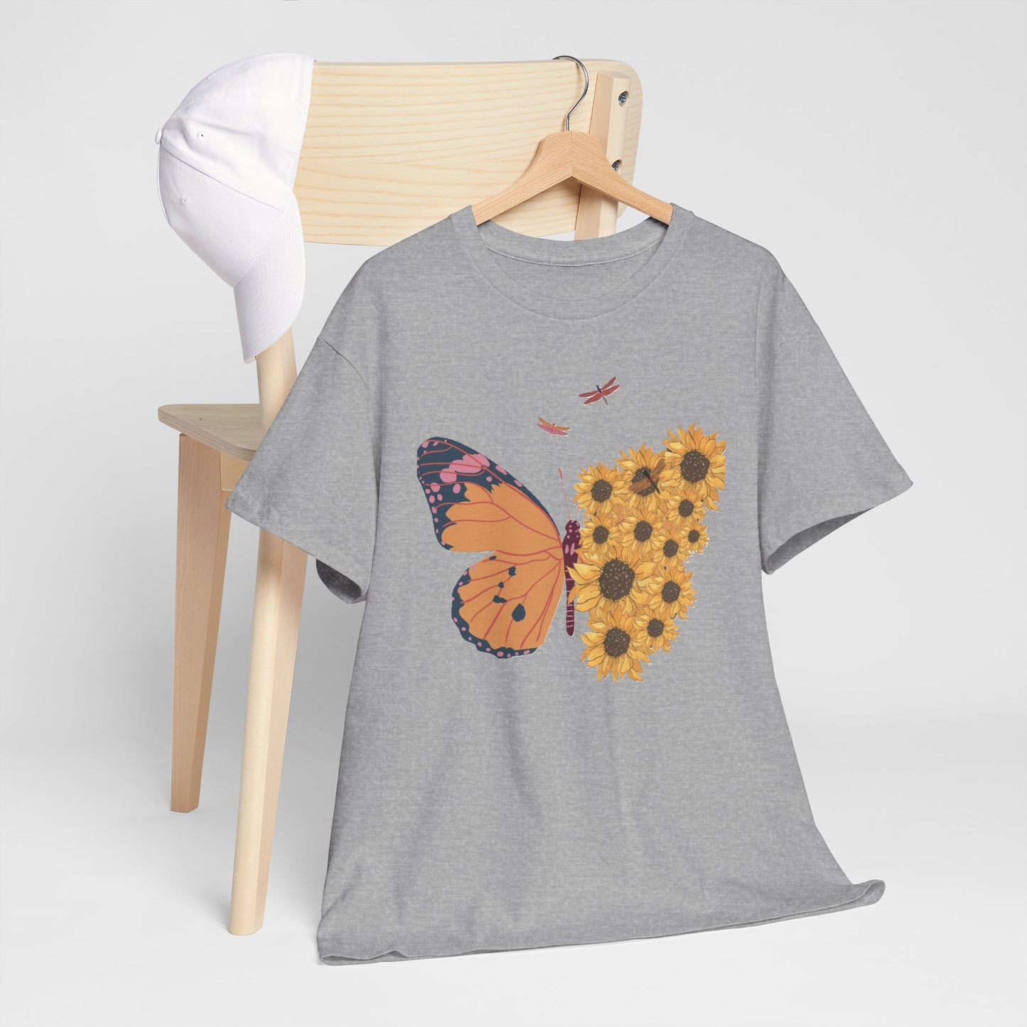 Butterfly and Sunflowers Unisex Heavy Cotton Tee.