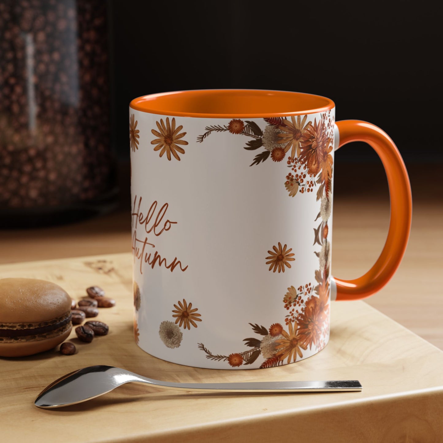 Fall Floral Accent Coffee Mug, Autumn Drinkware, Seasonal Gift, Hello Autumn.