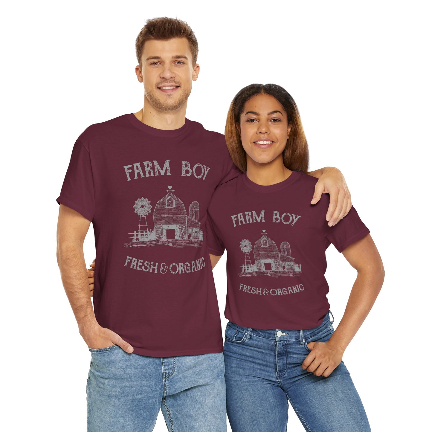 Farm Boy Organic Heavy Cotton Tee - Bright Yellow and burgundy  Unisex Shirt