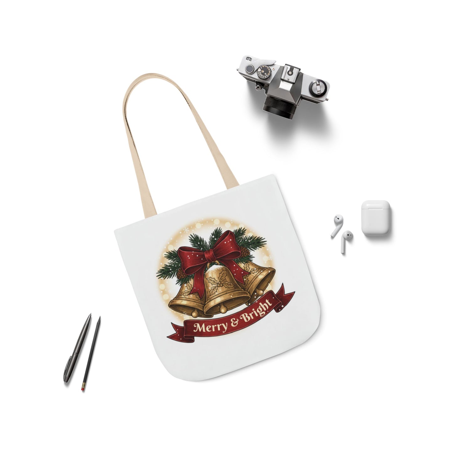 Christmas Bells Canvas Tote "Merry & Bright" Holiday Shopping Bag