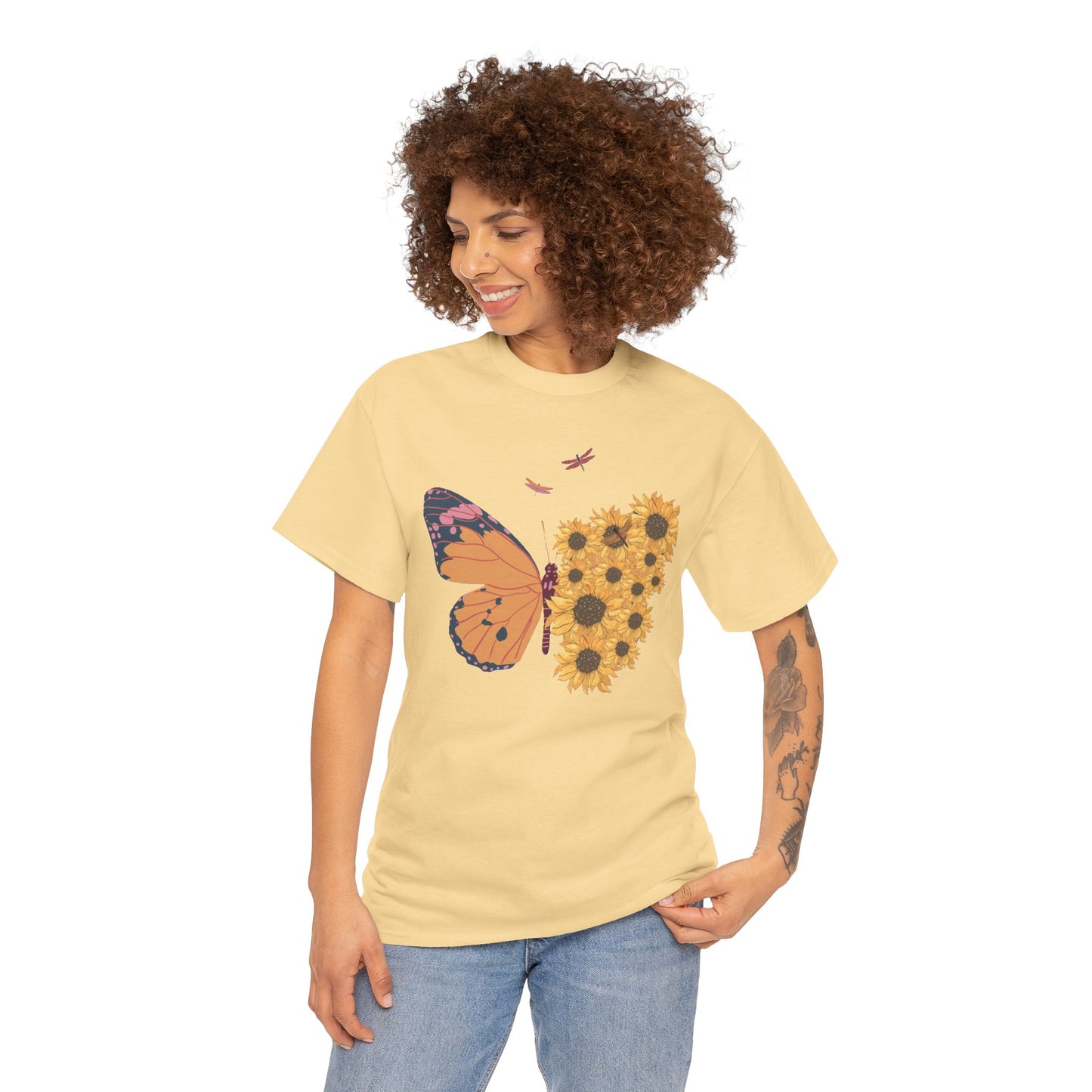 Butterfly and Sunflowers Unisex Heavy Cotton Tee.