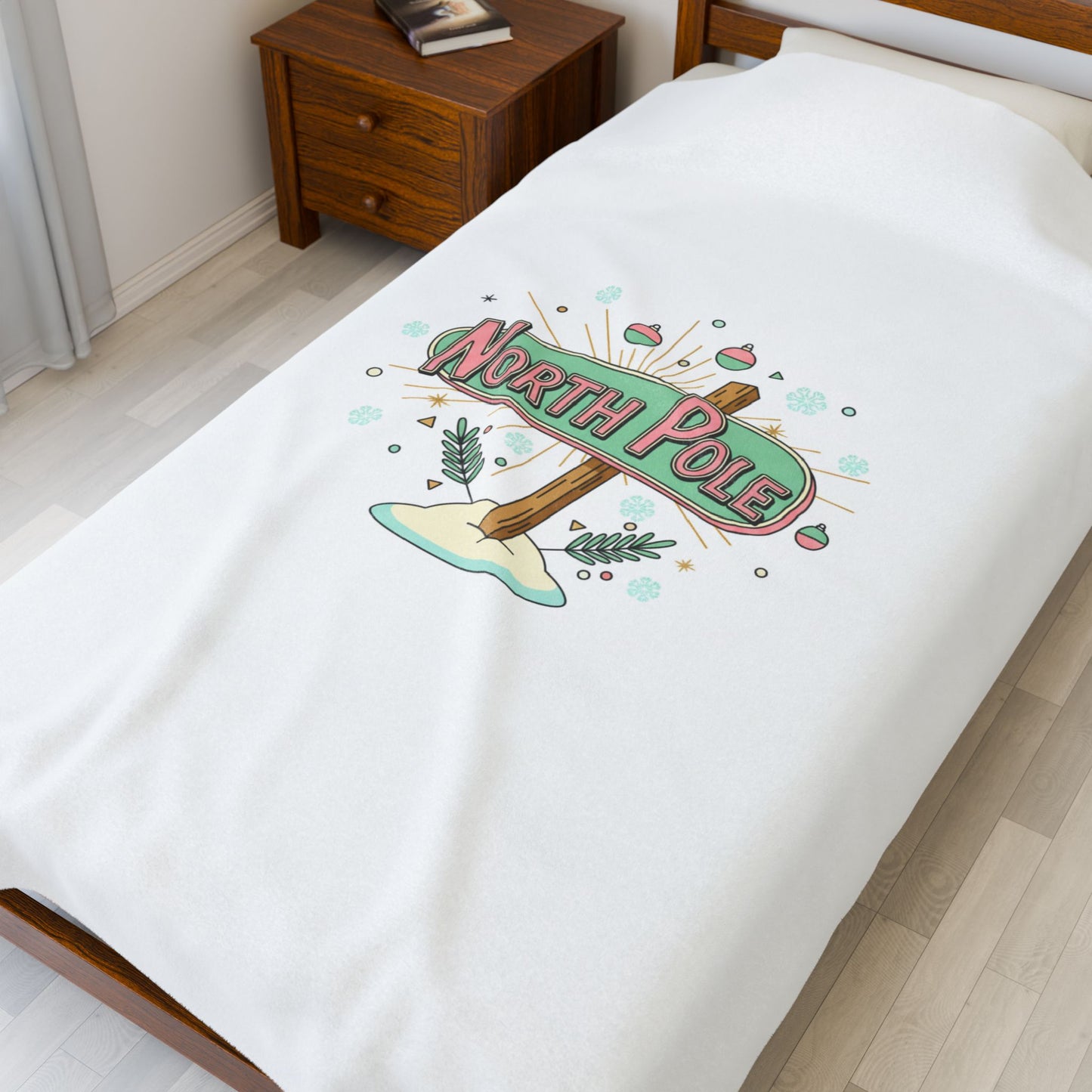 North Pole Sign Velveteen Plush Blanket | mid century Christmas, retro holiday sign