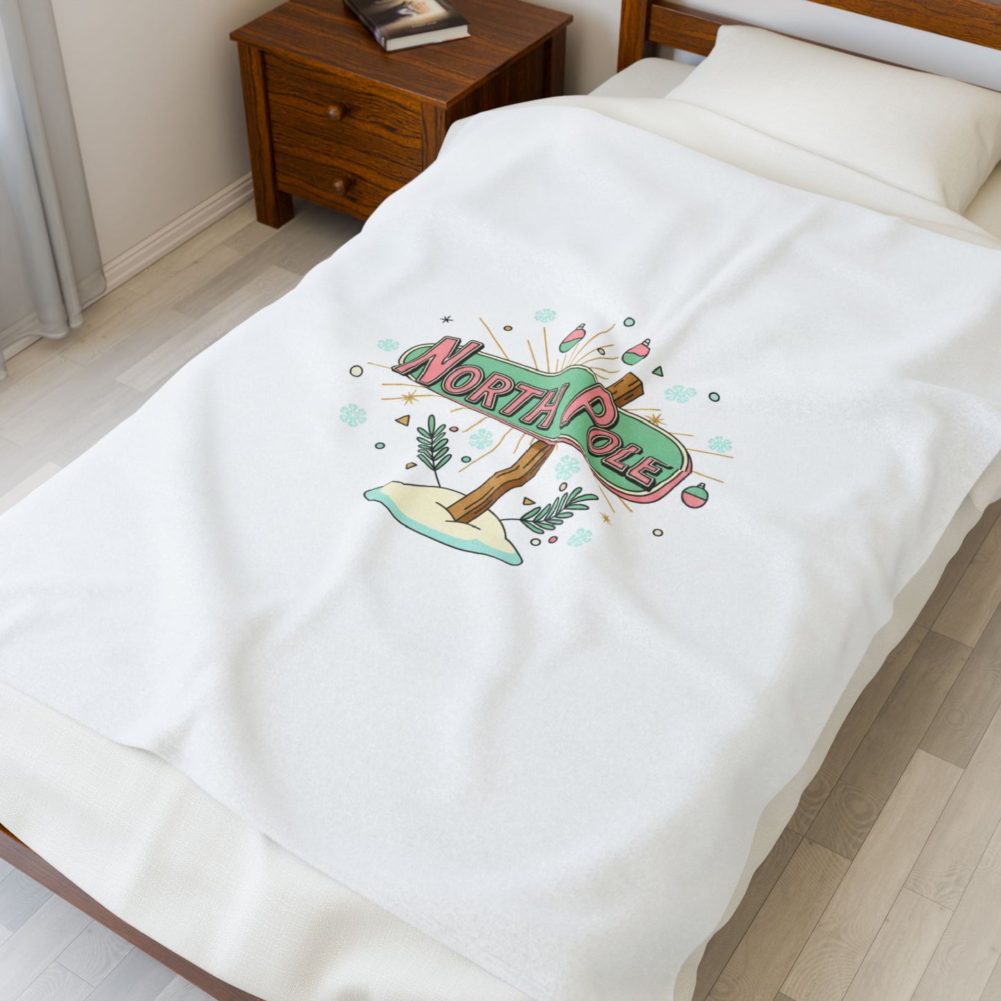 North Pole Sign Velveteen Plush Blanket | mid century Christmas, retro holiday sign