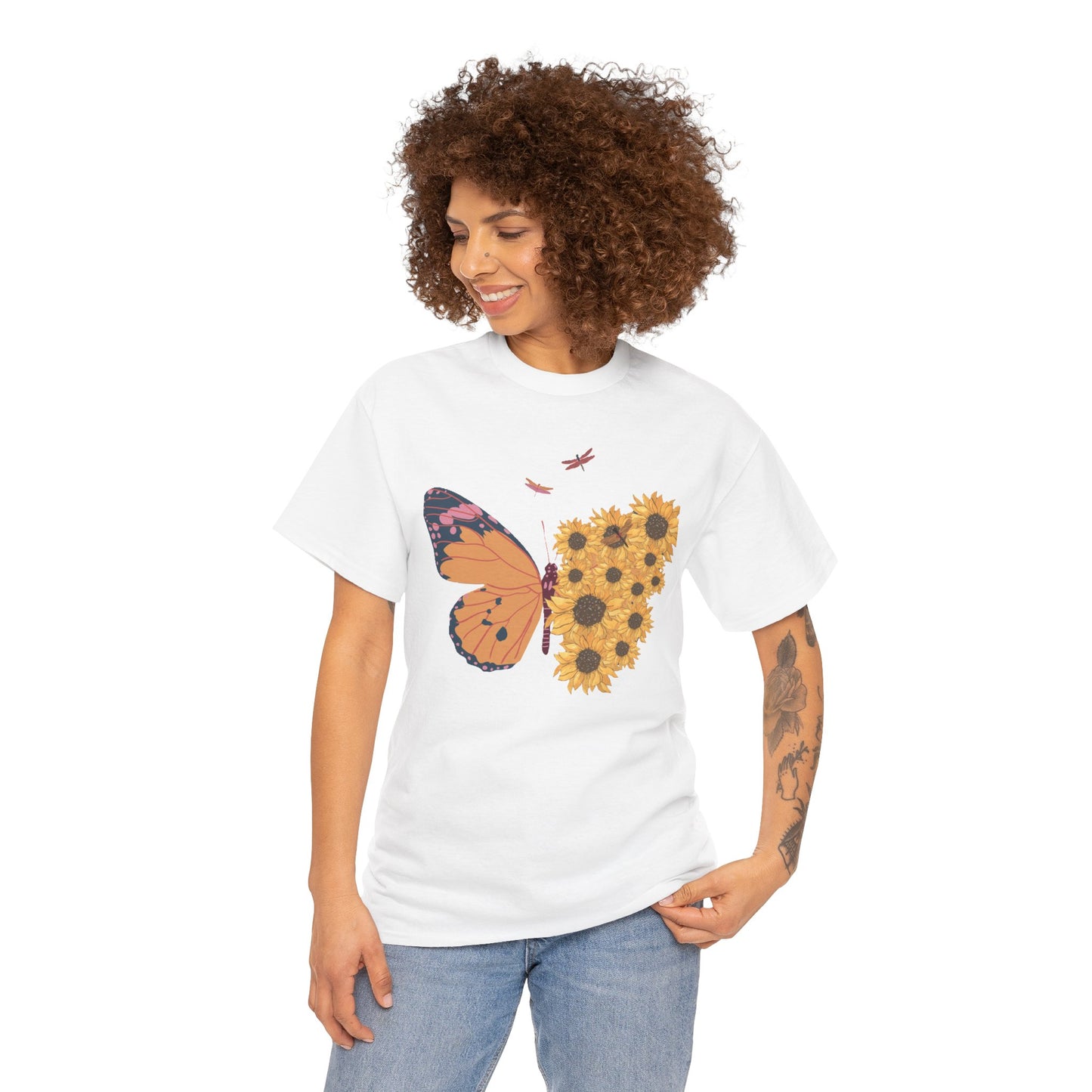 Butterfly and Sunflowers Unisex Heavy Cotton Tee.