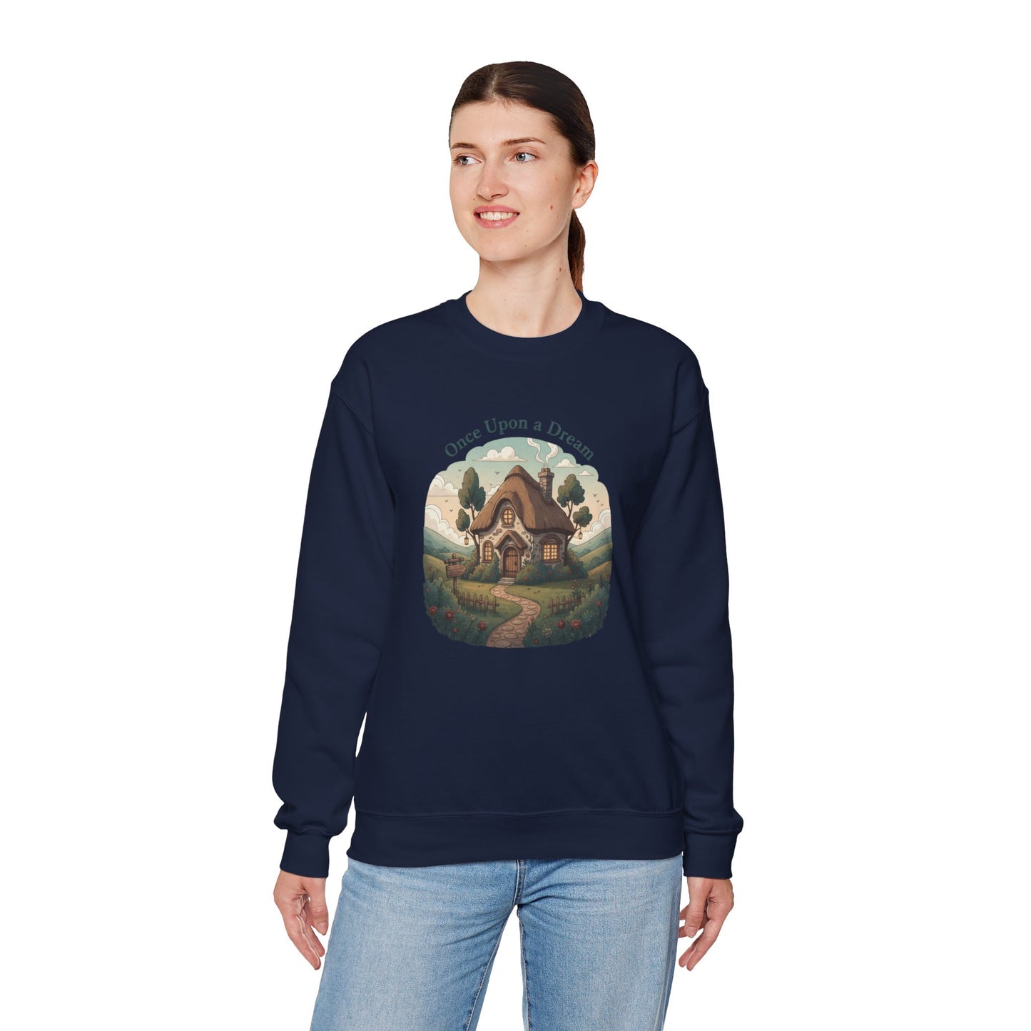 Storybook Winter Cottage Crewneck Sweatshirt | cozy winter village, fantasy forest illustration
