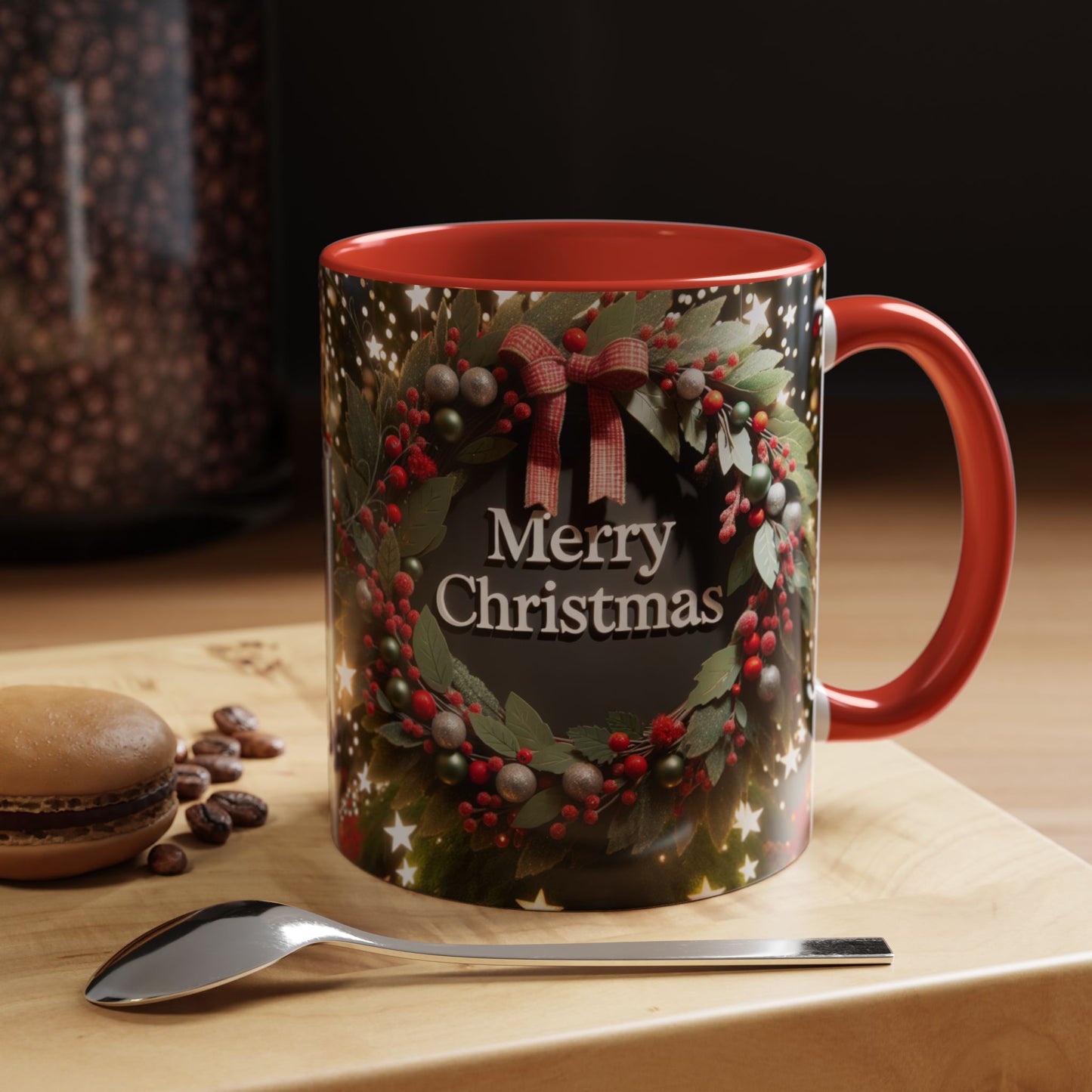 Christmas Coffee Mug with Wreath Design.