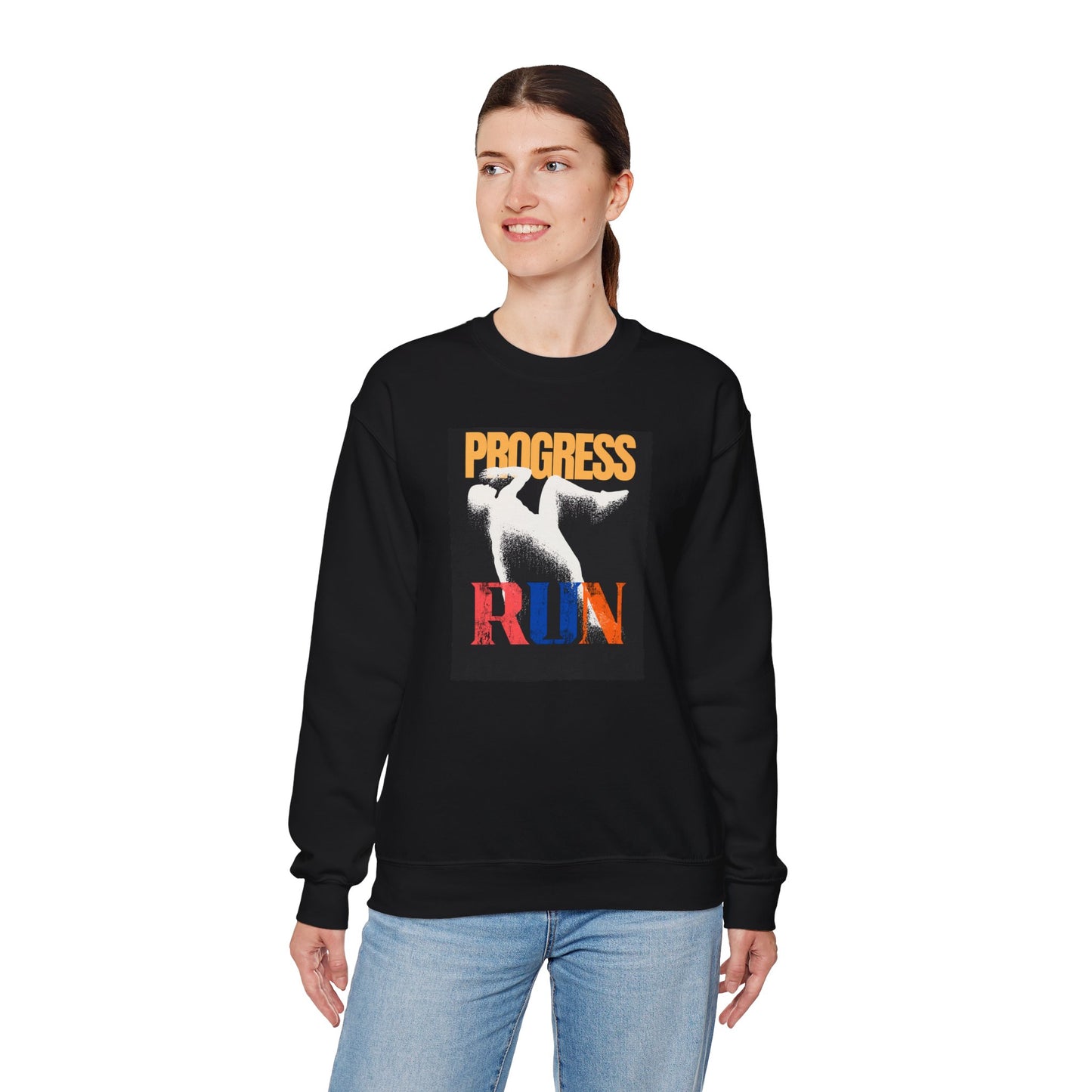 Stylish Progress RUN Crewneck Sweatshirt - Perfect Gift for Athletes, Casual Wear, Unisex Fashion, Running Enthusiasts, Sports Apparel