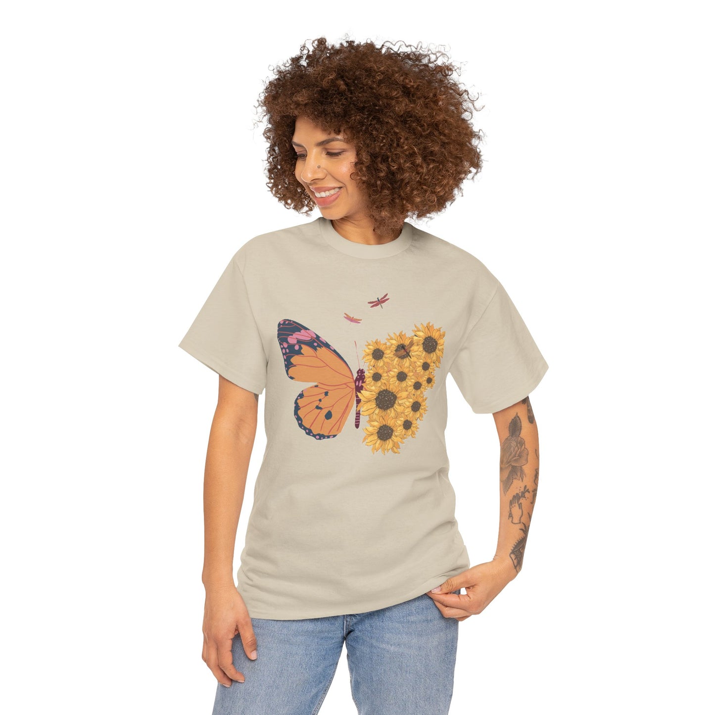 Butterfly and Sunflowers Unisex Heavy Cotton Tee.
