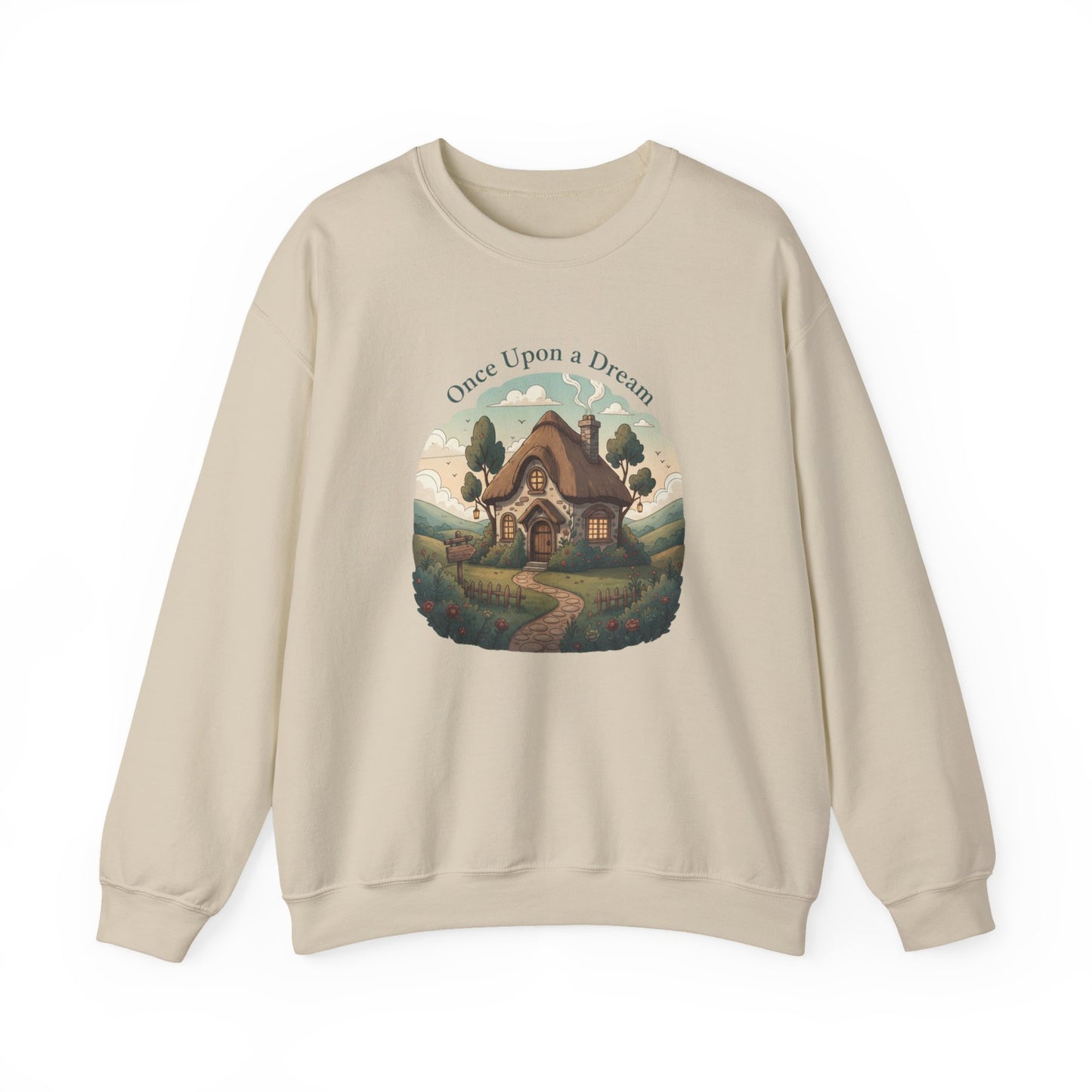 Storybook Winter Cottage Crewneck Sweatshirt | cozy winter village, fantasy forest illustration