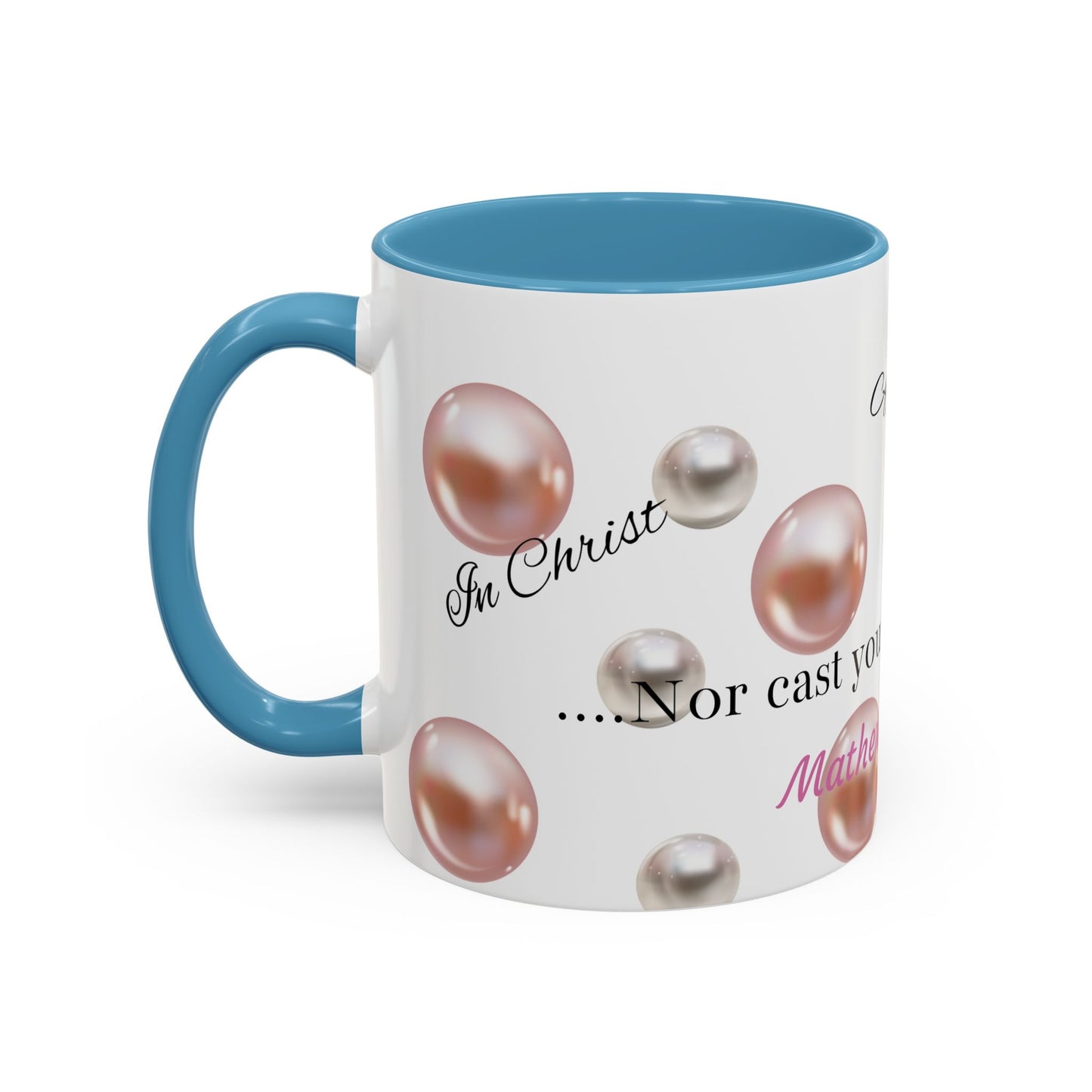 Elegant Inspirational Coffee Mug with Pearls, Unique Gift for Friends, Spiritual Reminder.