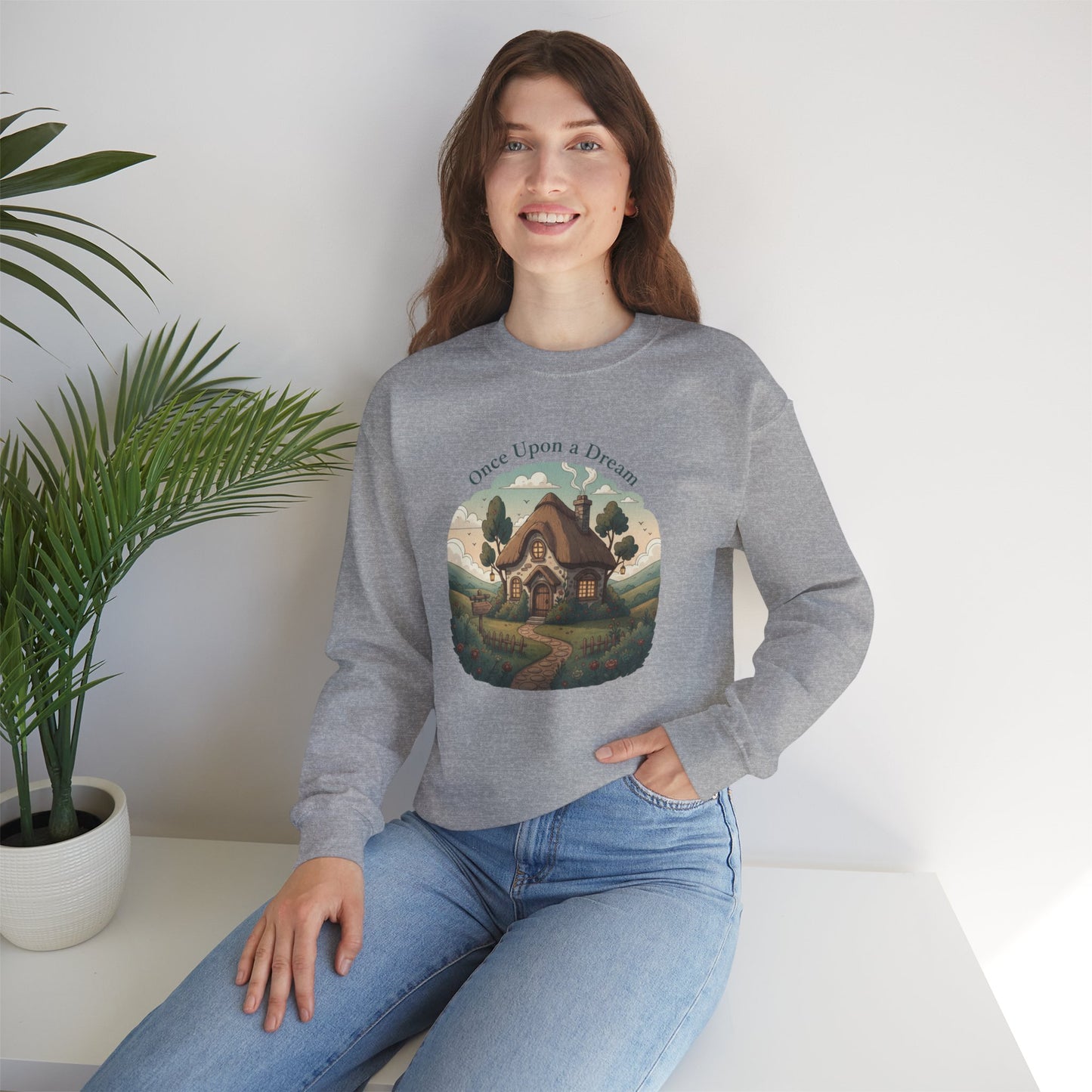Storybook Winter Cottage Crewneck Sweatshirt | cozy winter village, fantasy forest illustration