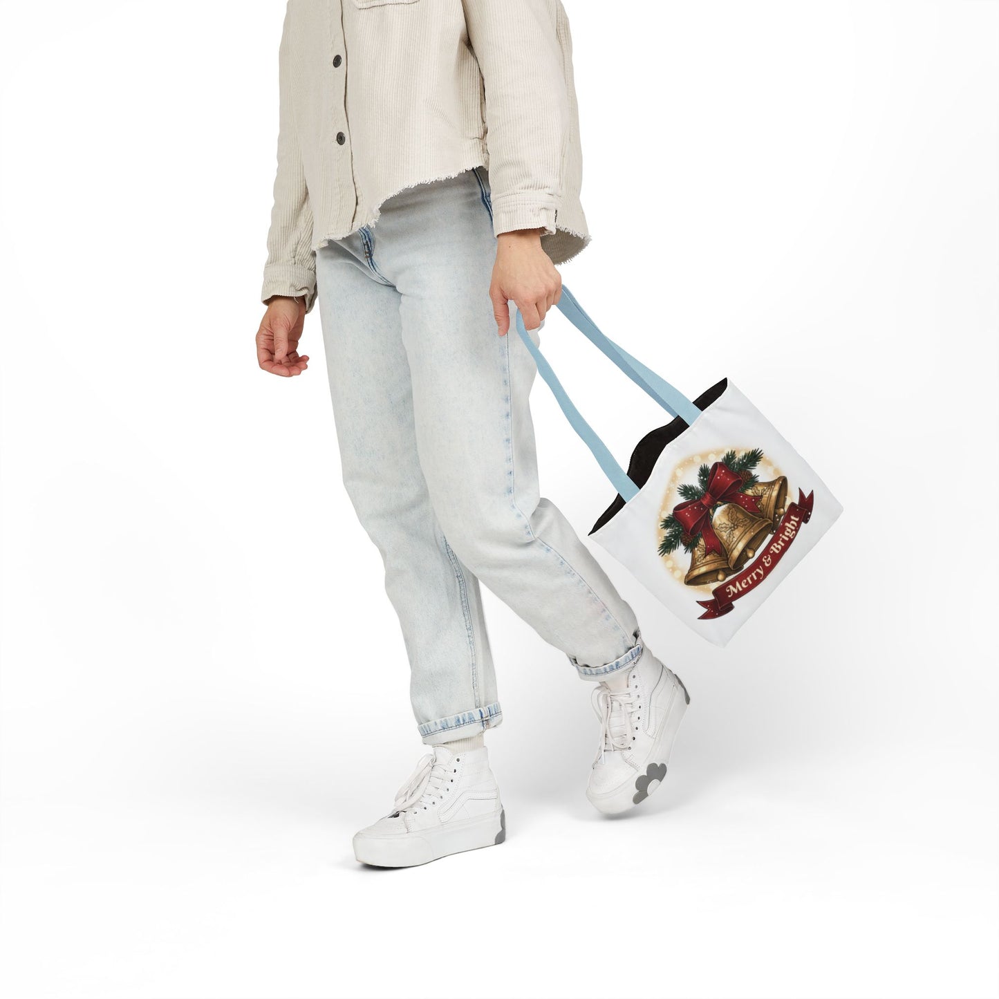 Christmas Bells Canvas Tote "Merry & Bright" Holiday Shopping Bag