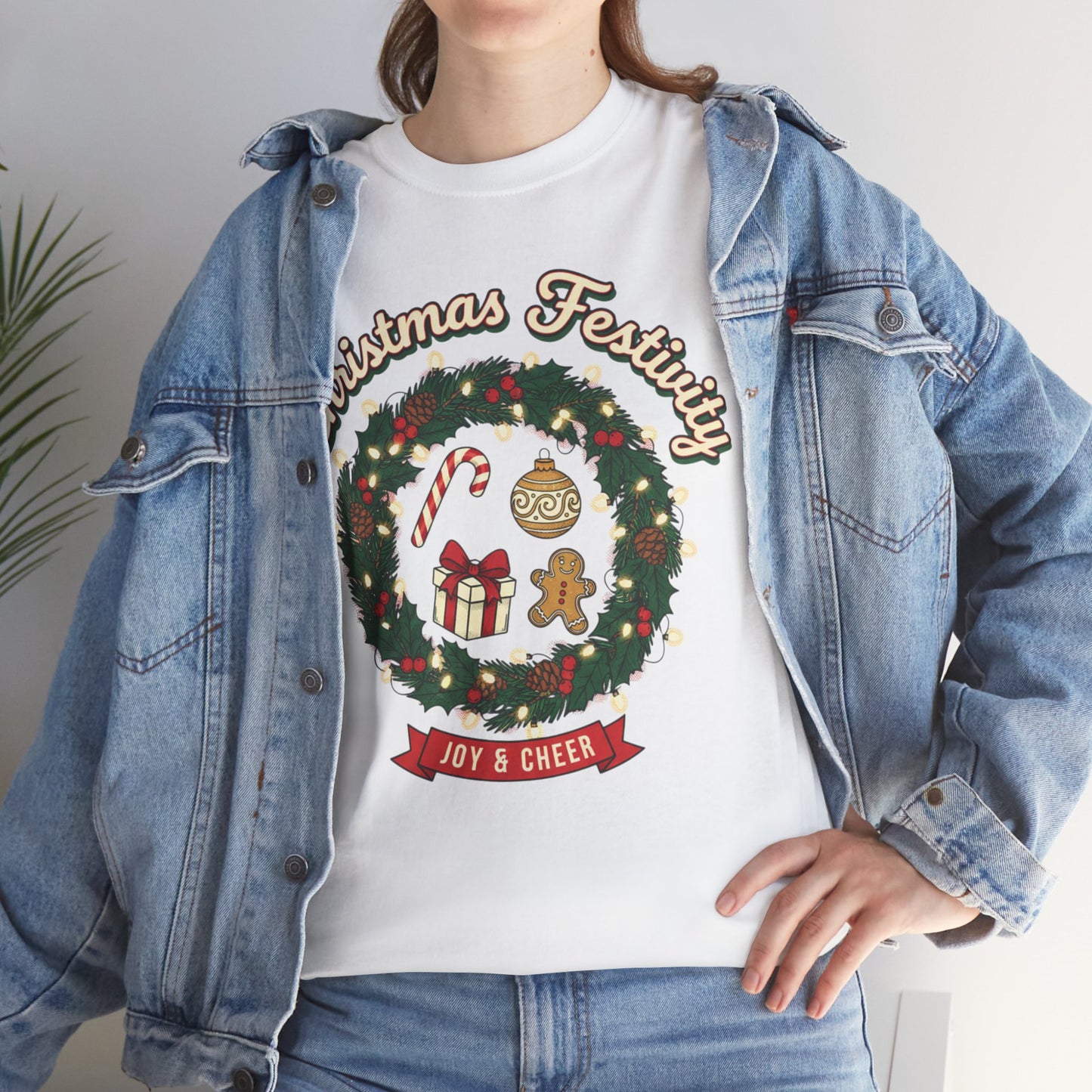 Christmas Festivity Wreath T-Shirt – Joy & Cheer Holiday Tee