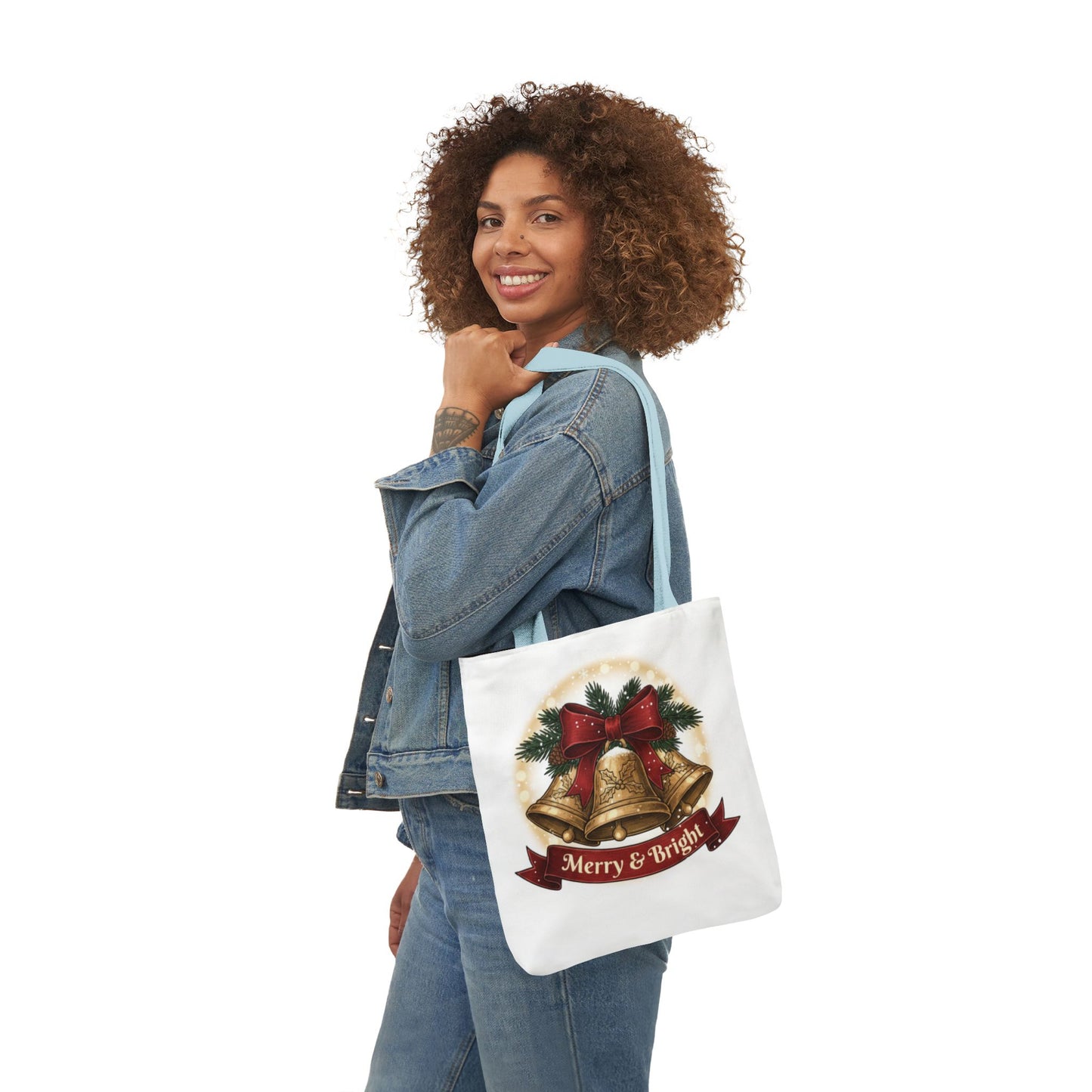 Christmas Bells Canvas Tote "Merry & Bright" Holiday Shopping Bag