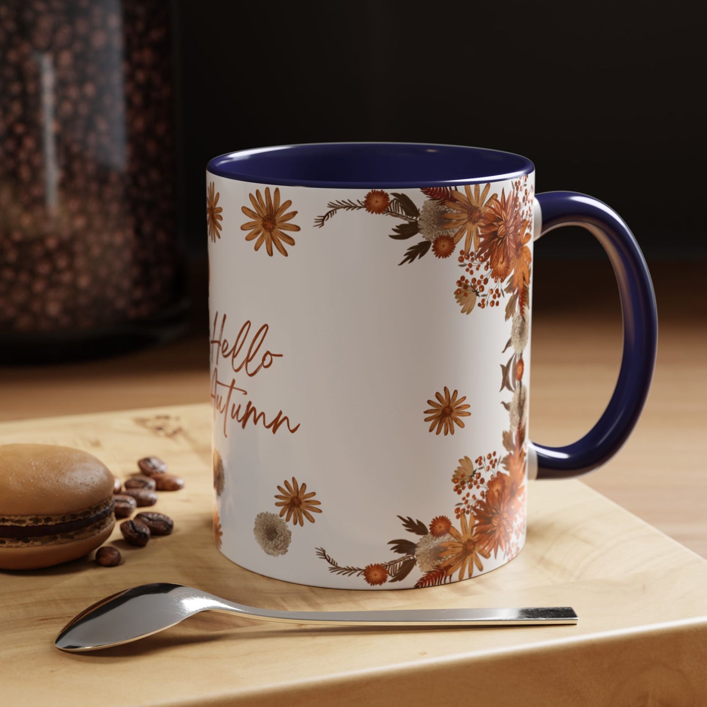 Fall Floral Accent Coffee Mug, Autumn Drinkware, Seasonal Gift, Hello Autumn.