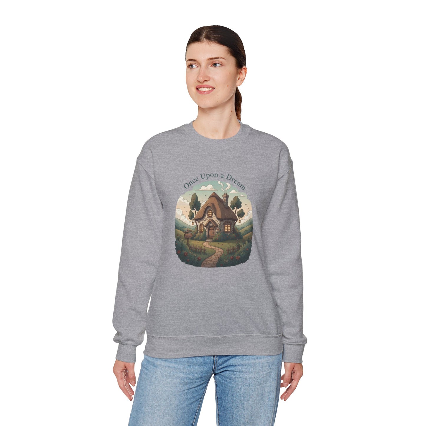 Storybook Winter Cottage Crewneck Sweatshirt | cozy winter village, fantasy forest illustration