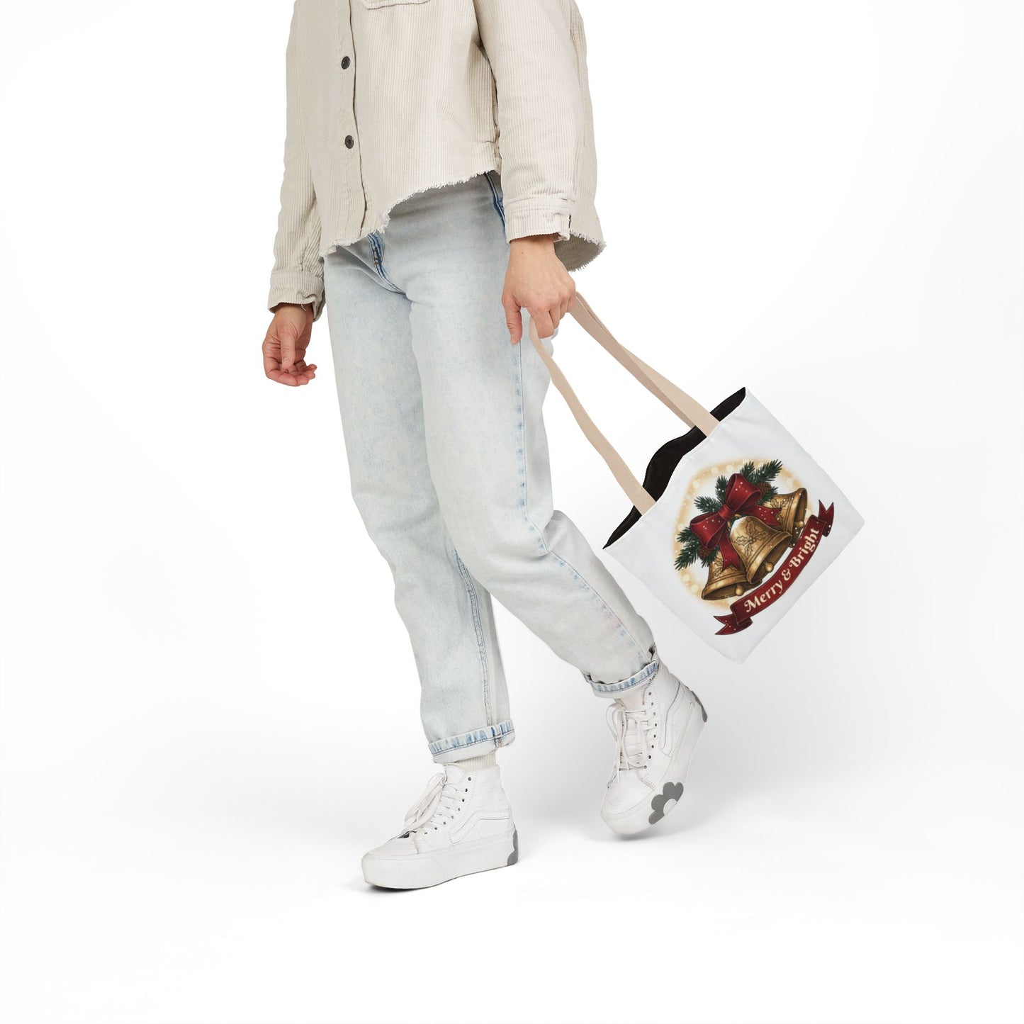 Christmas Bells Canvas Tote "Merry & Bright" Holiday Shopping Bag